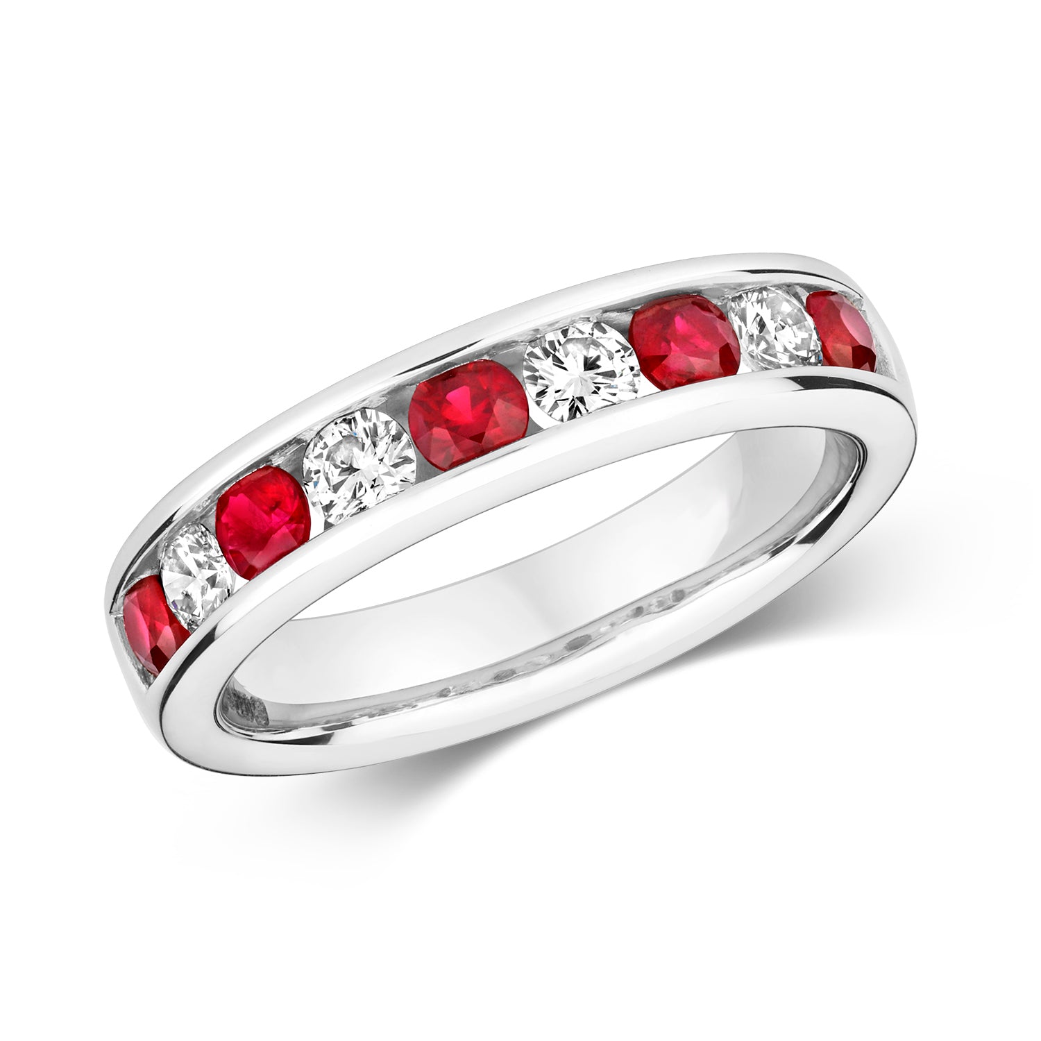 DIAMOND & RUBY CHANNEL SET HALF ETERNITY RING IN 9CT WHITE GOLD