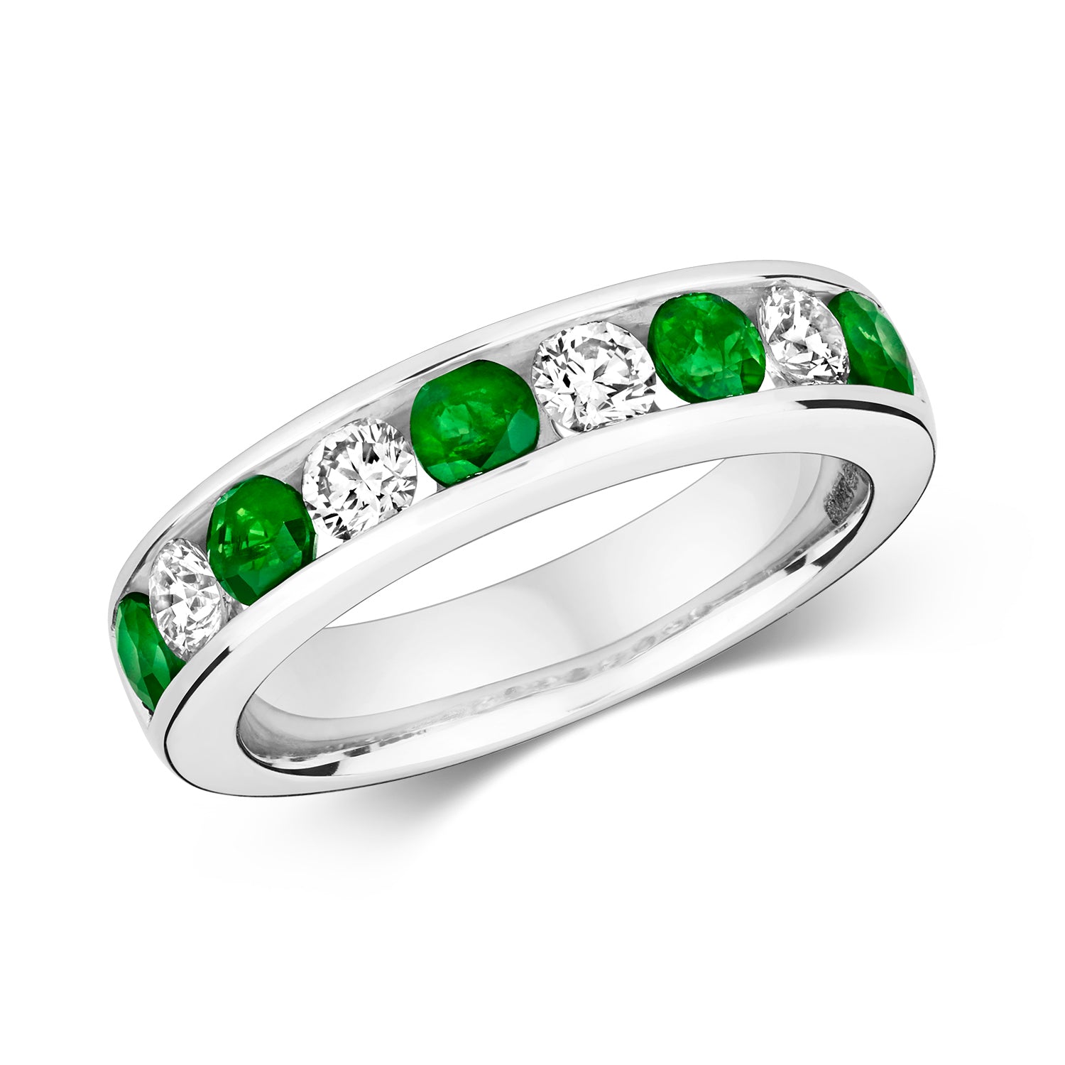 DIAMOND & EMERALD CHANNEL SET HALF ETERNITY RING IN 9CT WHITE GOLD