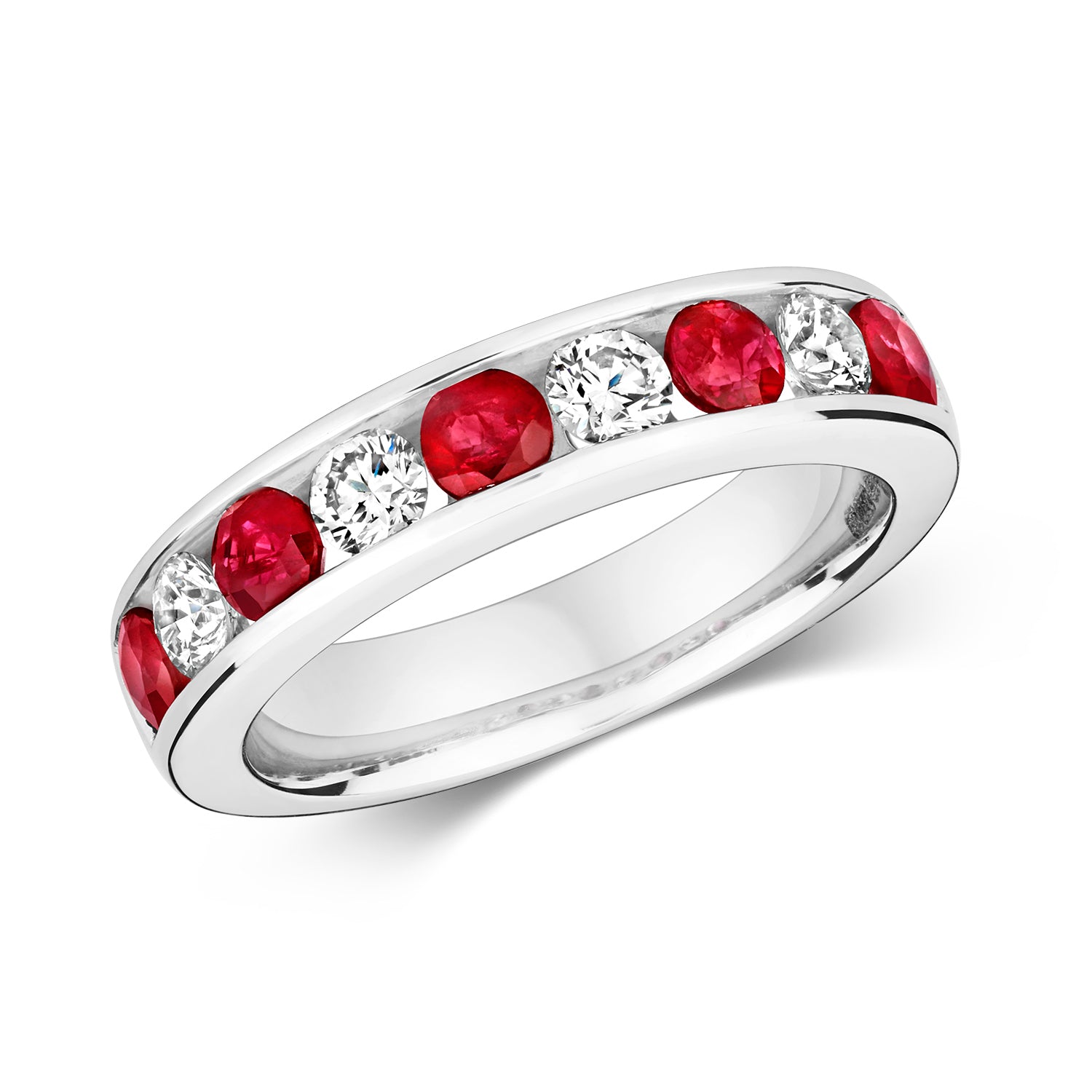 DIAMOND & RUBY CHANNEL SET HALF ETERNITY RING IN 9CT WHITE GOLD