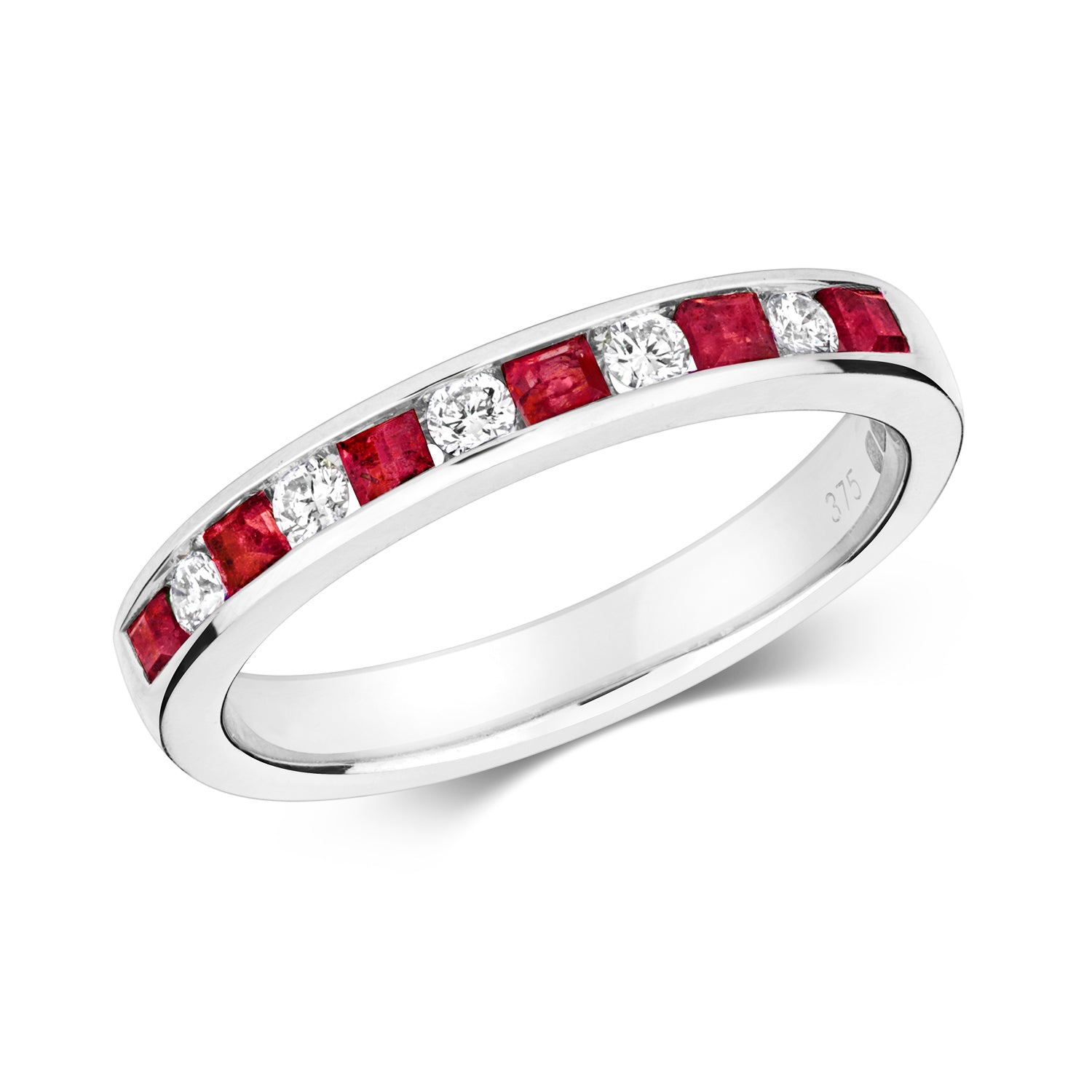 DIAMOND & RUBY ROUND AND PRINCESS CUT CHANNEL SET HALF ETERNITY RING IN 9CT WHITE GOLD