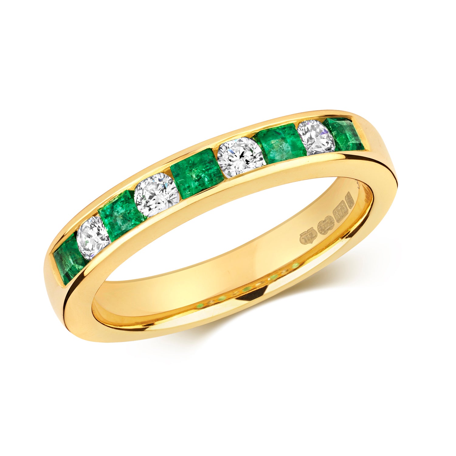 DIAMOND & EMERALD ROUND AND PRINCESS CUT CHANNEL SET HALF ETERNITY RING IN 9CT GOLD