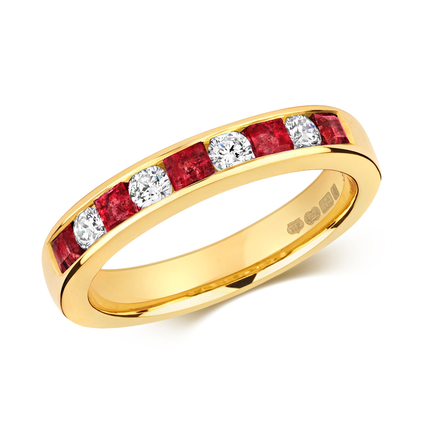 DIAMOND & RUBY ROUND AND PRINCESS CUT CHANNEL SET HALF ETERNITY RING IN 9CT GOLD