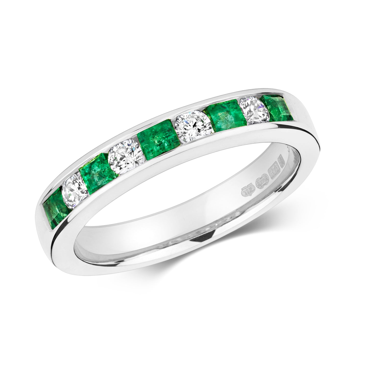 DIAMOND & EMERALD ROUND AND PRINCESS CUT CHANNEL SET HALF ETERNITY RING IN 9CT WHITE GOLD