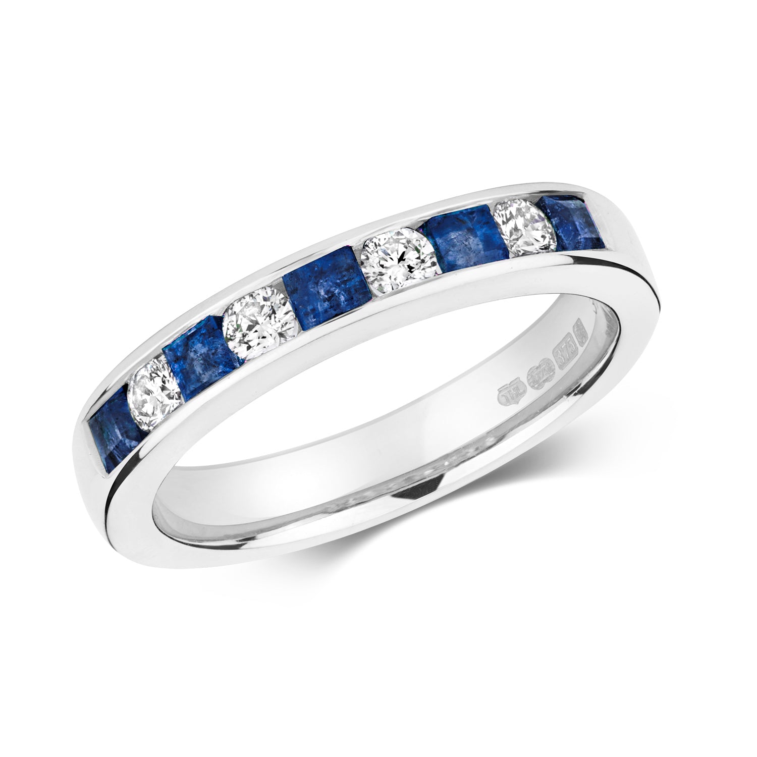 DIAMOND & SAPPHIRE ROUND AND PRINCESS CUT CHANNEL SET HALF ETERNITY RING IN 9CT WHITE GOLD