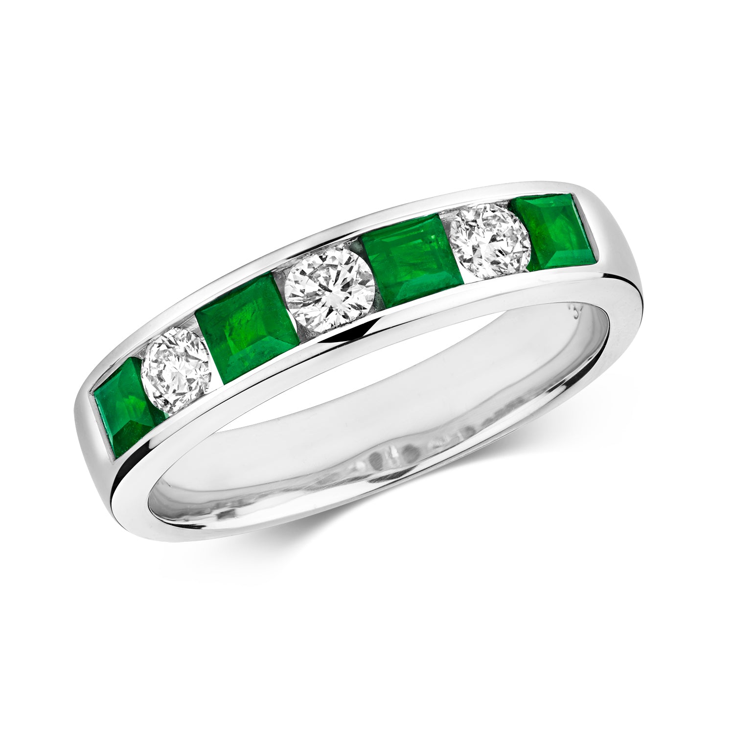 DIAMOND & EMERALD ROUND AND PRINCESS CUT CHANNEL SET HALF ETERNITY RING IN 9CT WHITE GOLD