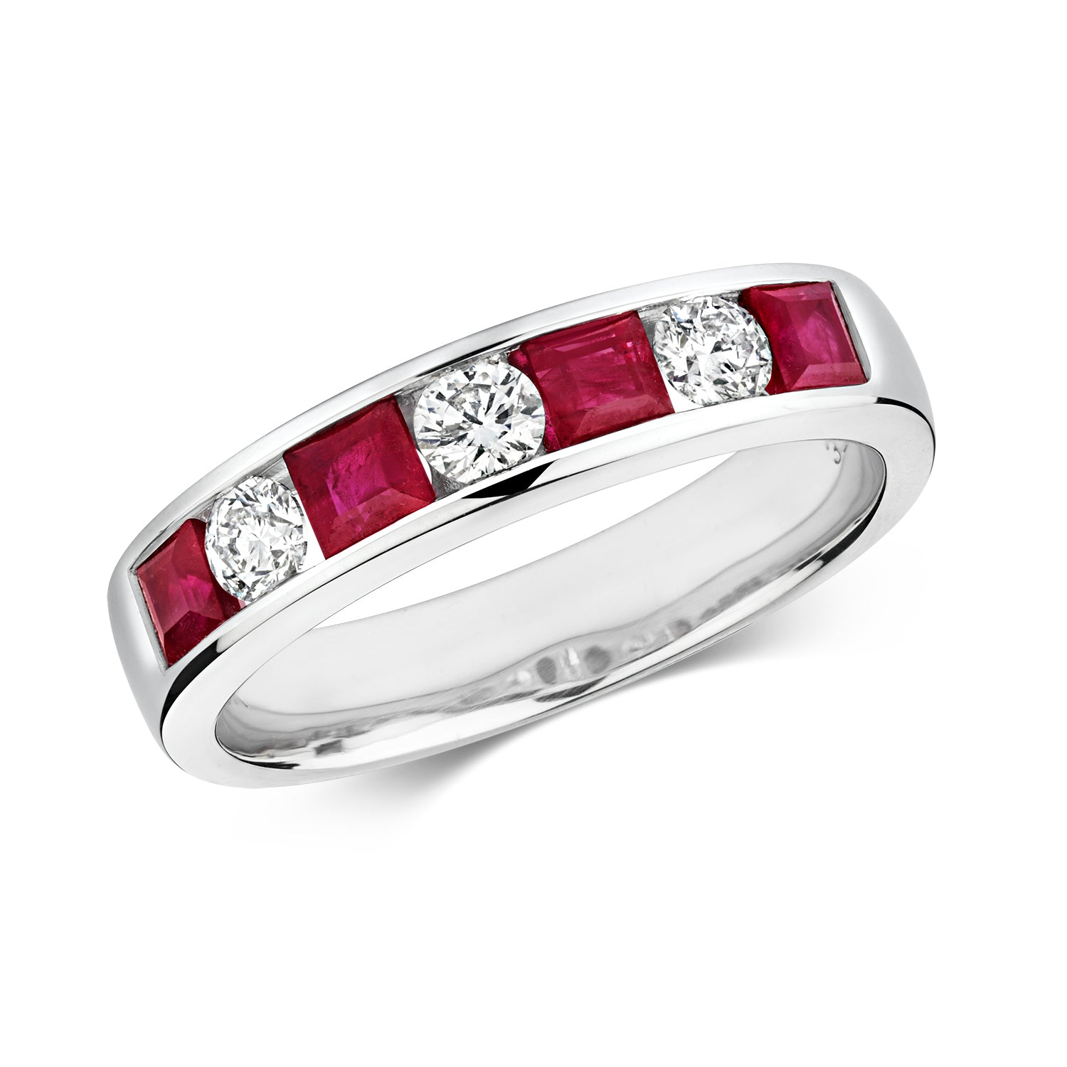 DIAMOND & RUBY ROUND AND PRINCESS CUT CHANNEL SET HALF ETERNITY RING IN 9CT WHITE GOLD