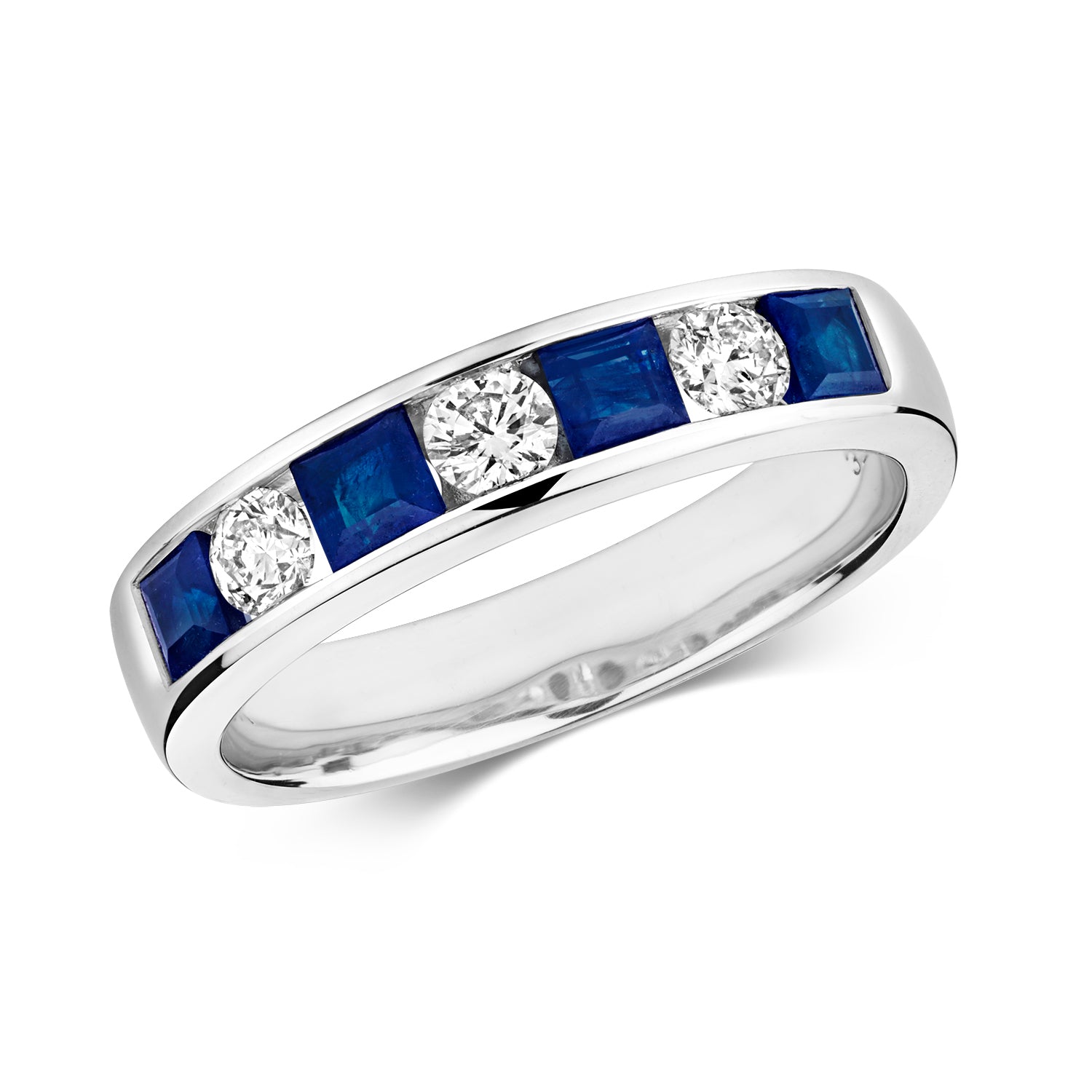 DIAMOND & SAPPHIRE ROUND AND PRINCESS CUT CHANNEL SET HALF ETERNITY RING IN 9CT WHITE GOLD