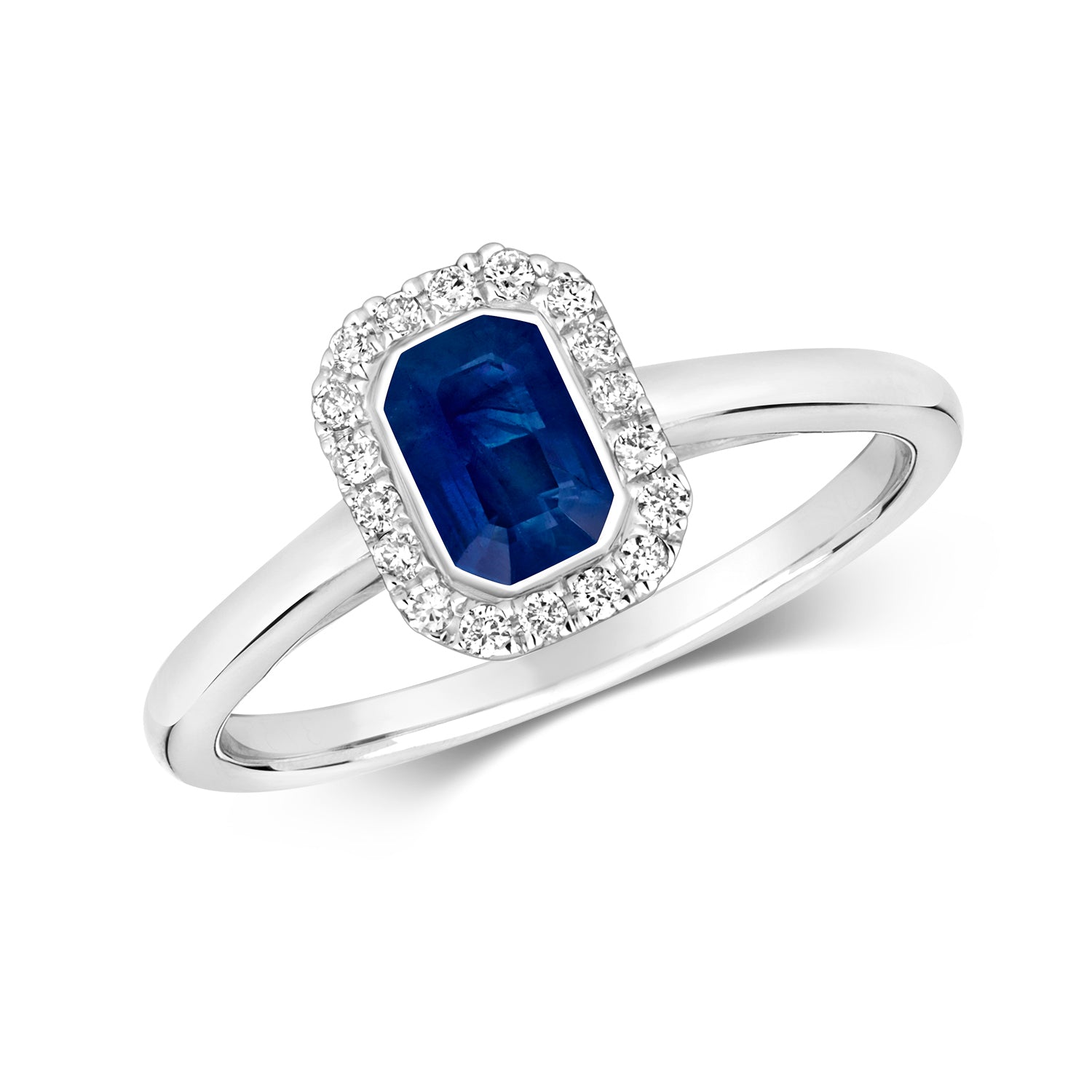 DIAMOND & SAPPHIRE RUBOVER SET OCTAGON CLUSTER RING IN 9CT WHITE GOLD