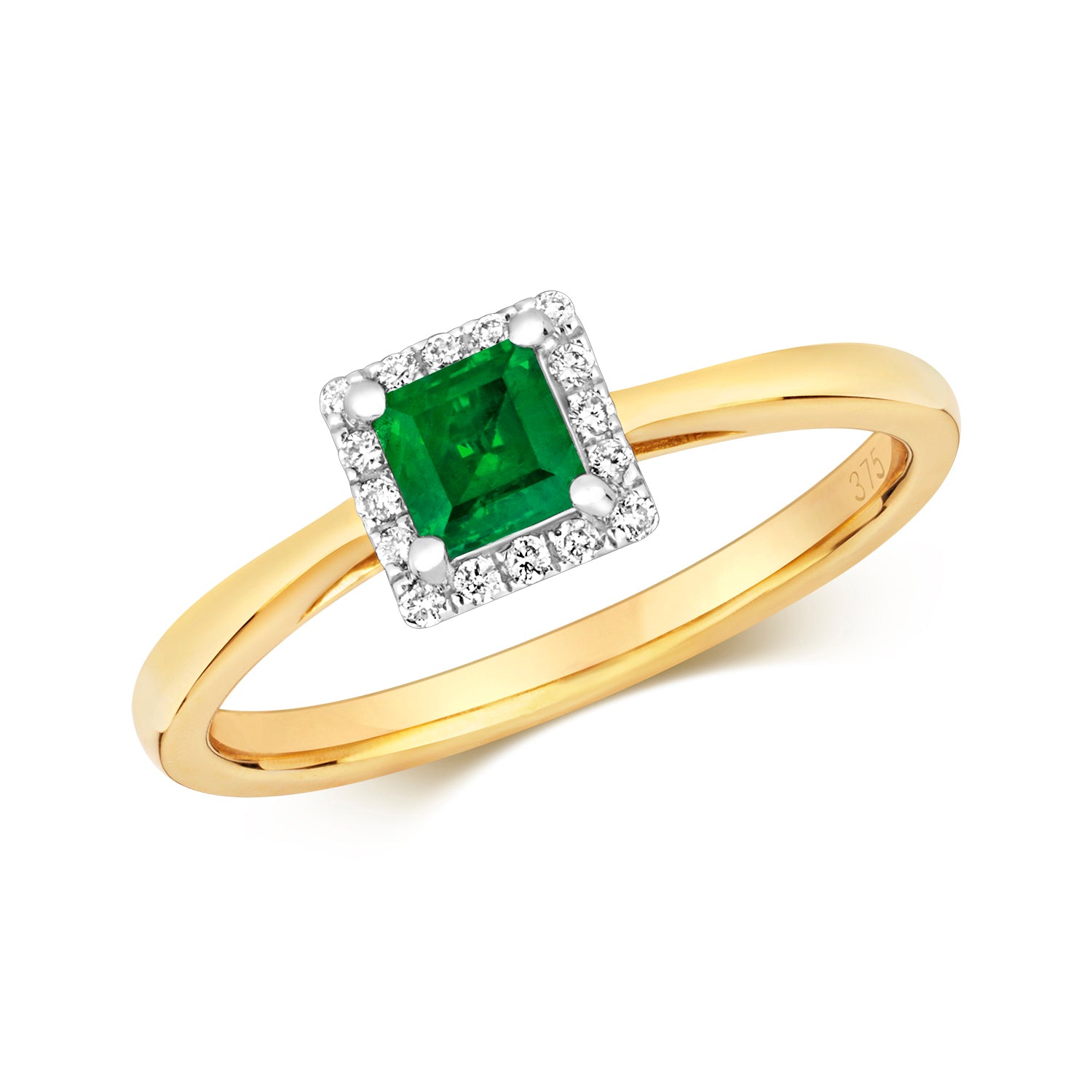 DIAMOND & EMERALD SQUARE CLUSTER RING IN 9CT GOLD
