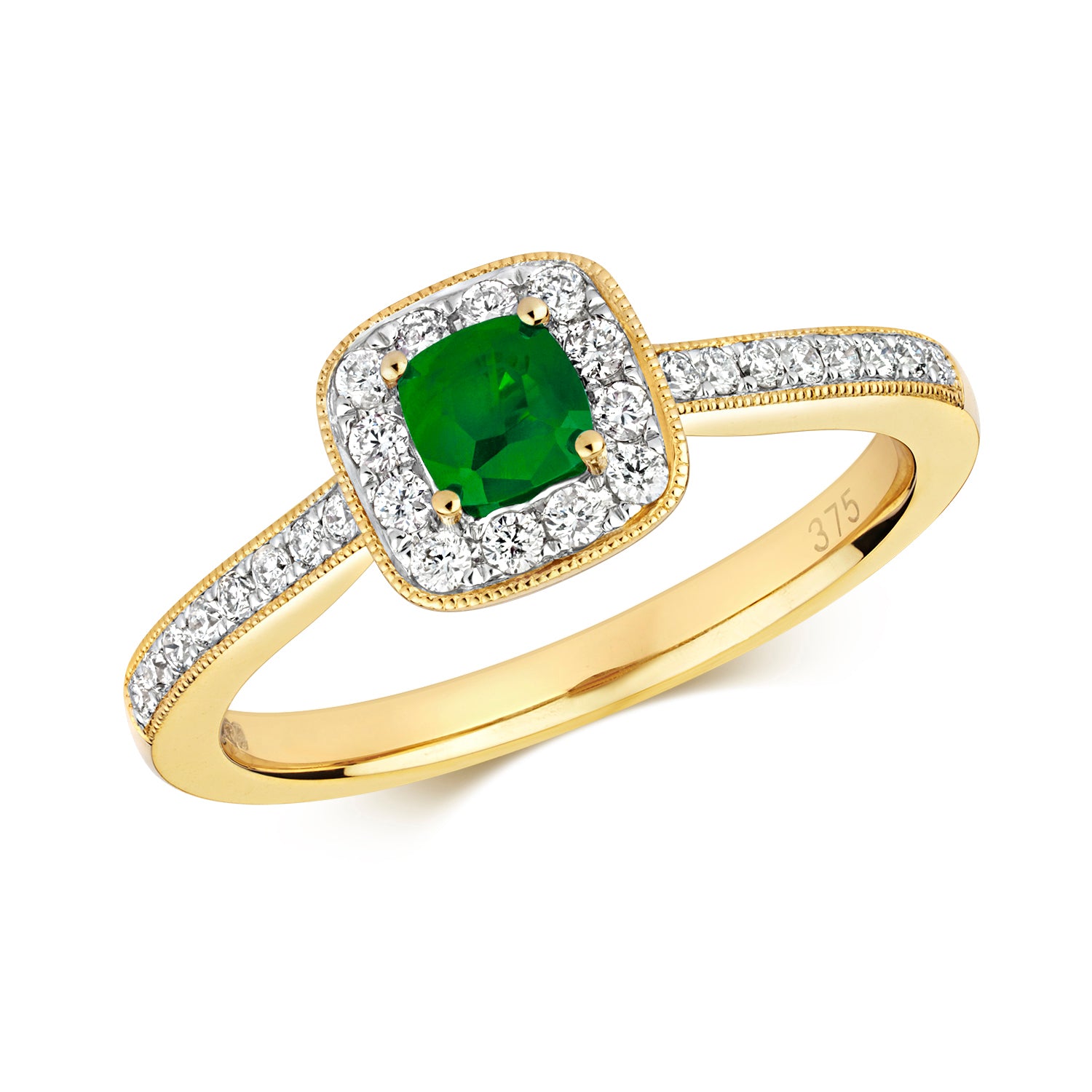 DIAMOND & EMERALD CUSHION CLUSTER WITH SET SHOULDERS RING IN 9CT GOLD