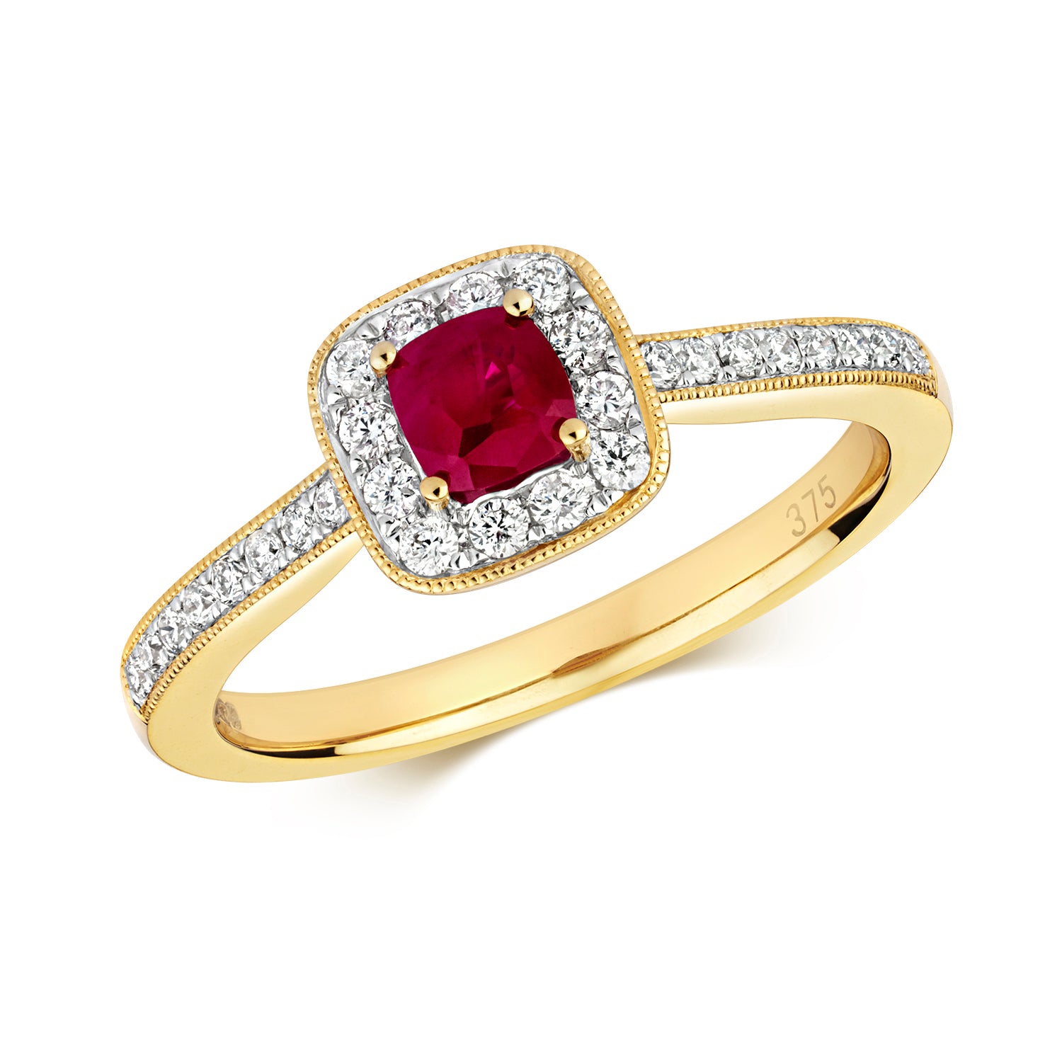 DIAMOND & RUBY CUSHION CLUSTER WITH SET SHOULDERS RING IN 9CT GOLD