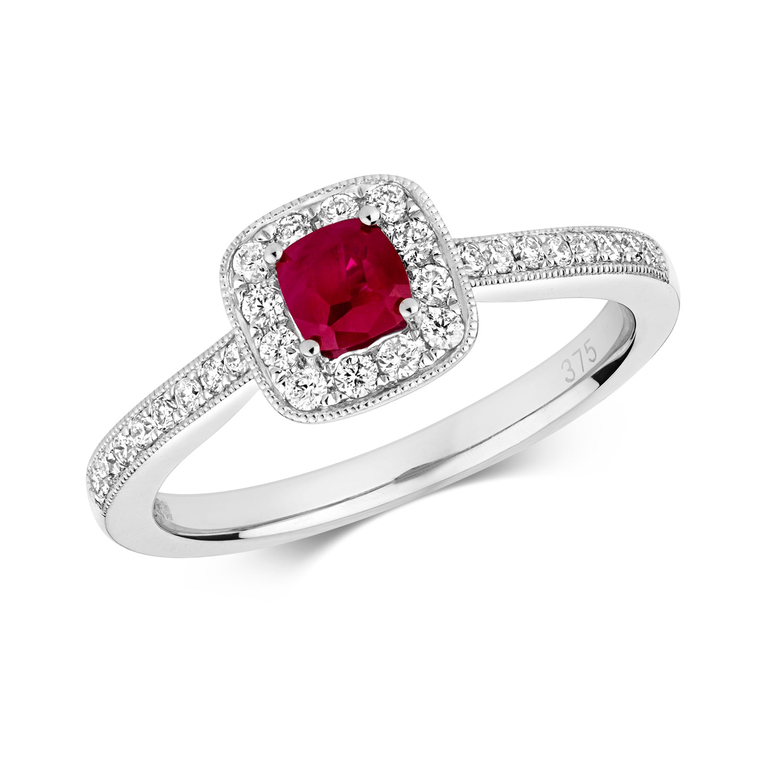 DIAMOND & RUBY CUSHION CLUSTER WITH SET SHOULDERS RING IN 9CT WHITE GOLD
