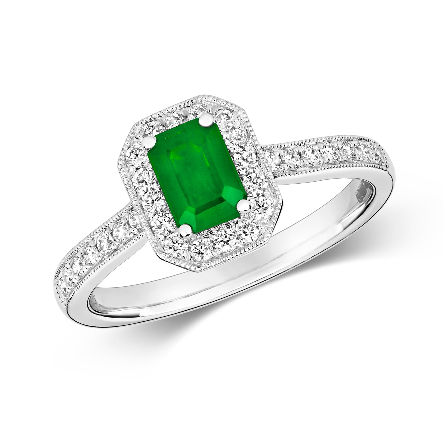 DIAMOND & EMERALD OCTAGON CLUSTER WITH SET SHOULDERS RING IN 9CT WHITE GOLD