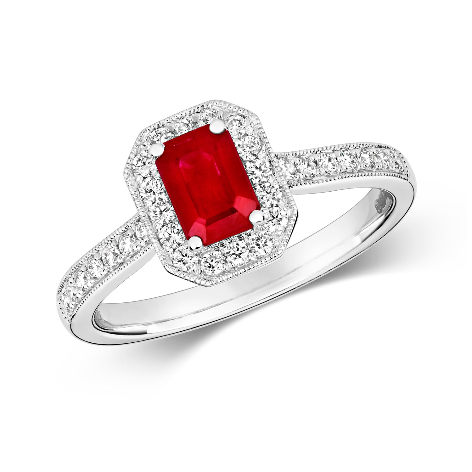 DIAMOND & RUBY OCTAGON CLUSTER WITH SET SHOULDERS RING IN 9CT WHITE GOLD