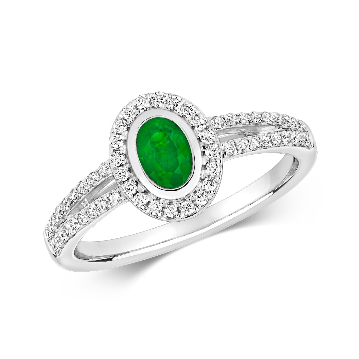 DIAMOND & EMERALD OVAL CLUSTER WITH SET SPLIT SHOULDERS RING IN 9CT WHITE GOLD