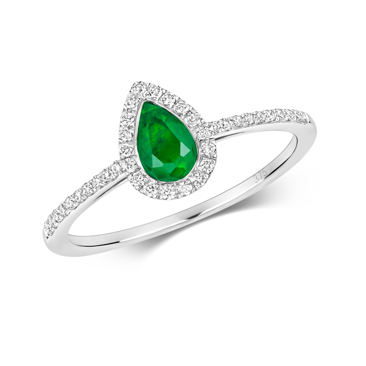 DIAMOND & EMERALD PEAR SHAPE CLUSTER WITH SET SHOULDERS RING IN 9CT WHITE GOLD