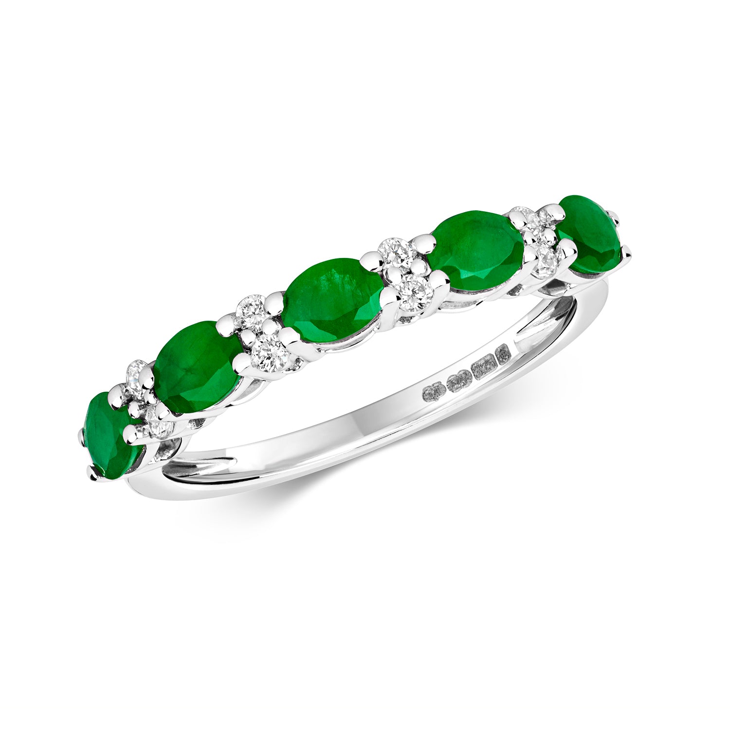 DIAMOND & EMERALD OVAL CLAW SET HALF ETERNITY RING IN 9CT WHITE GOLD