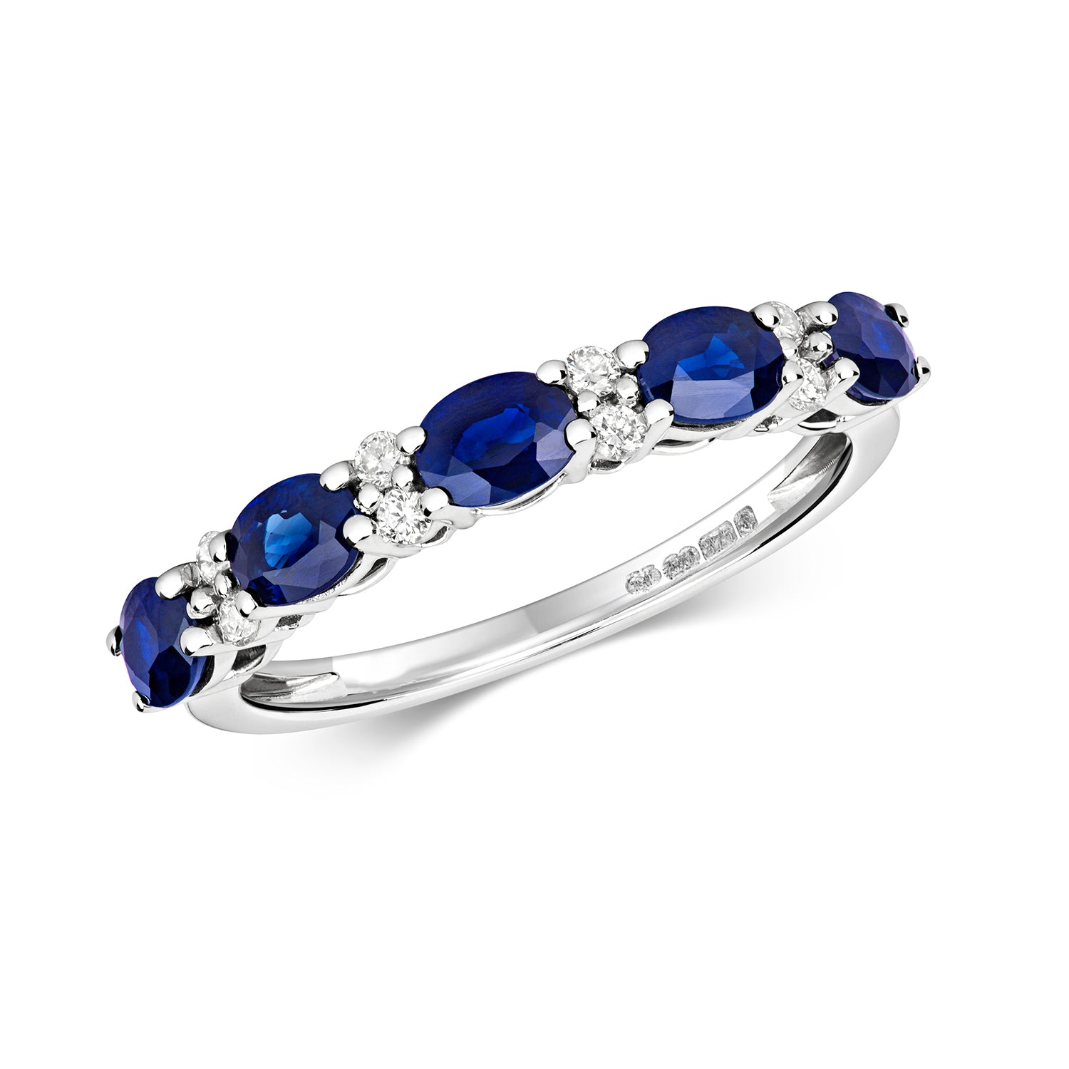 DIAMOND & SAPPHIRE OVAL CLAW SET HALF ETERNITY RING IN 9CT WHITE GOLD
