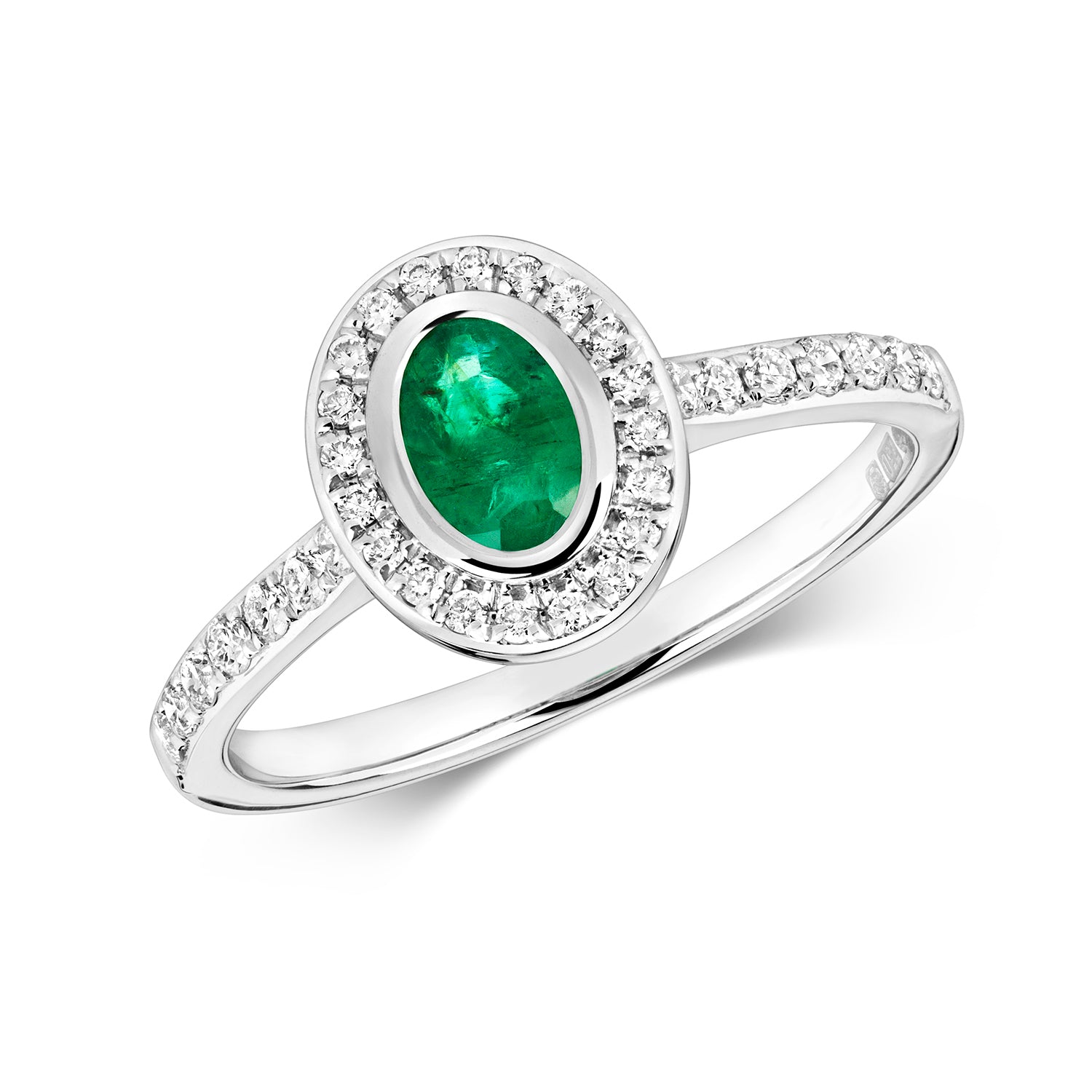 DIAMOND & EMERALD OVAL RUBOVER CLUSTER WITH SET SHOULDERS RING IN 9CT WHITE GOLD