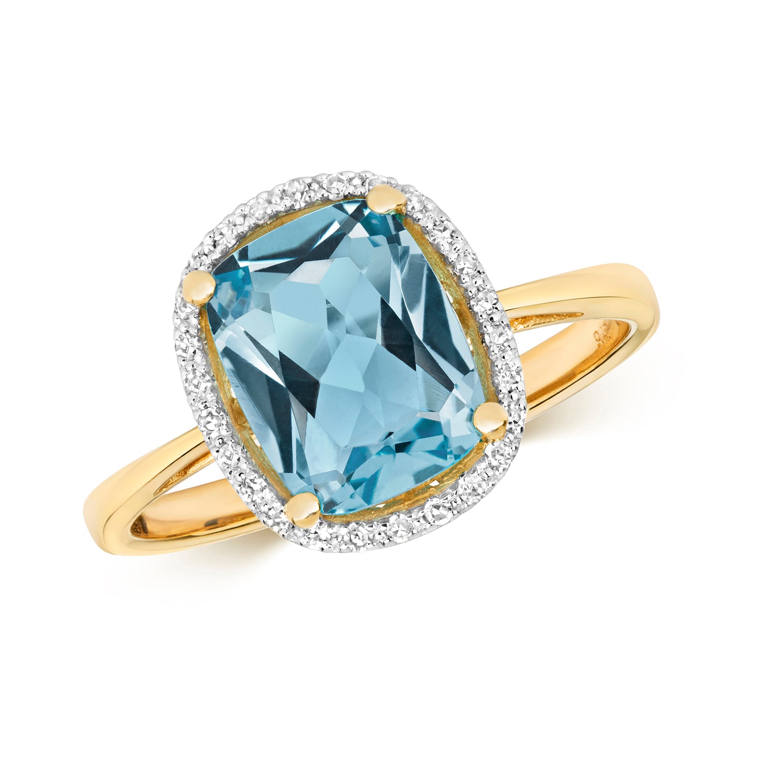DIAMOND & LIGHT SWISS BLUE TOPAZ CUSHION CLUSTER RING IN 9CT GOLD