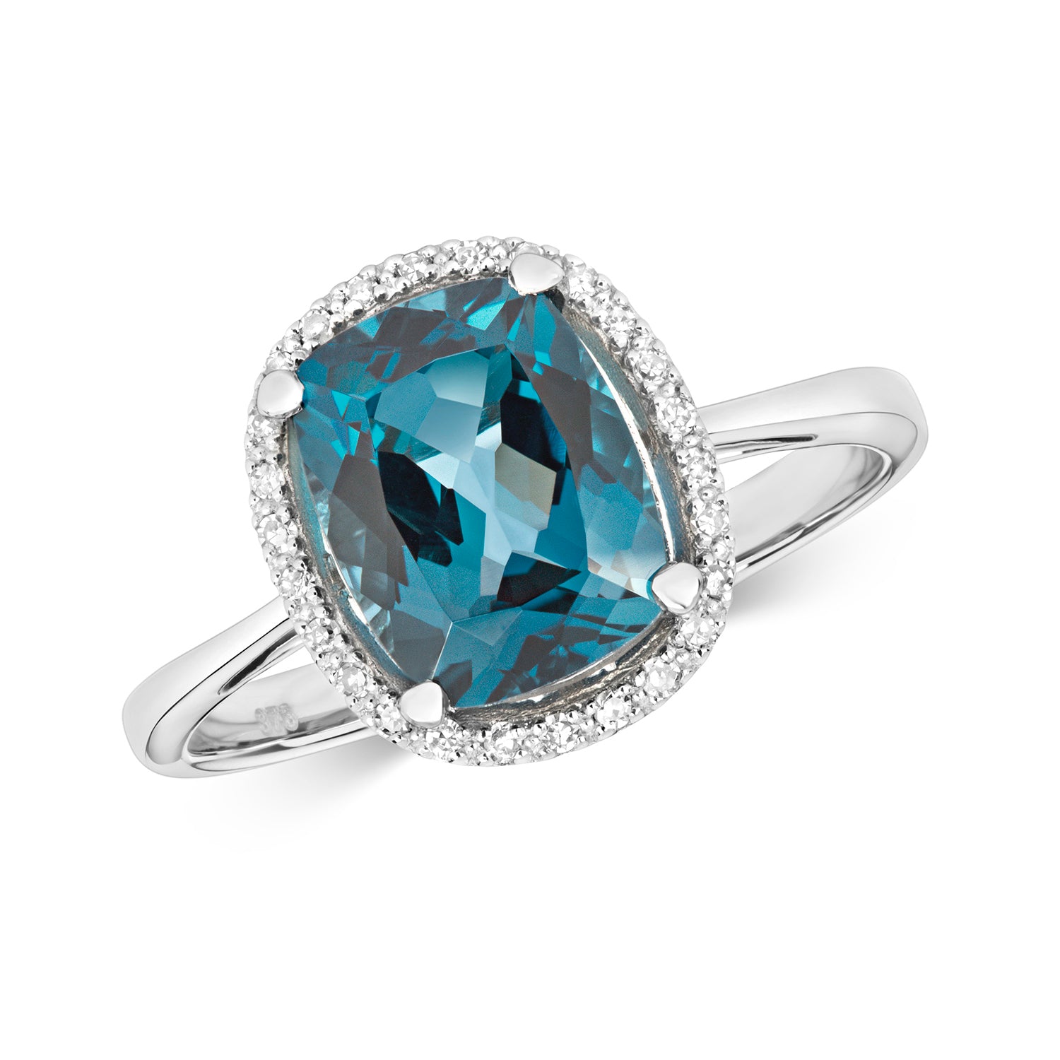 DIAMOND & LONDON BLUE TOPAZ CUSHION CLUSTER RING IN 9CT WHITE GOLD