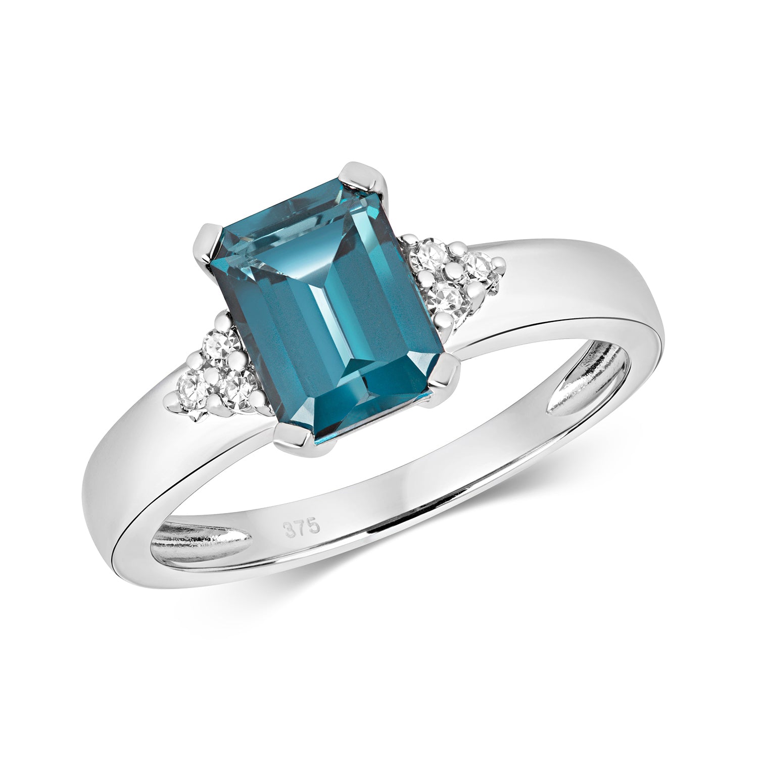 DIAMOND & LONDON BLUE TOPAZ OCTAGON WITH TRIANGULAR SIDES RING IN 9CT WHITE GOLD
