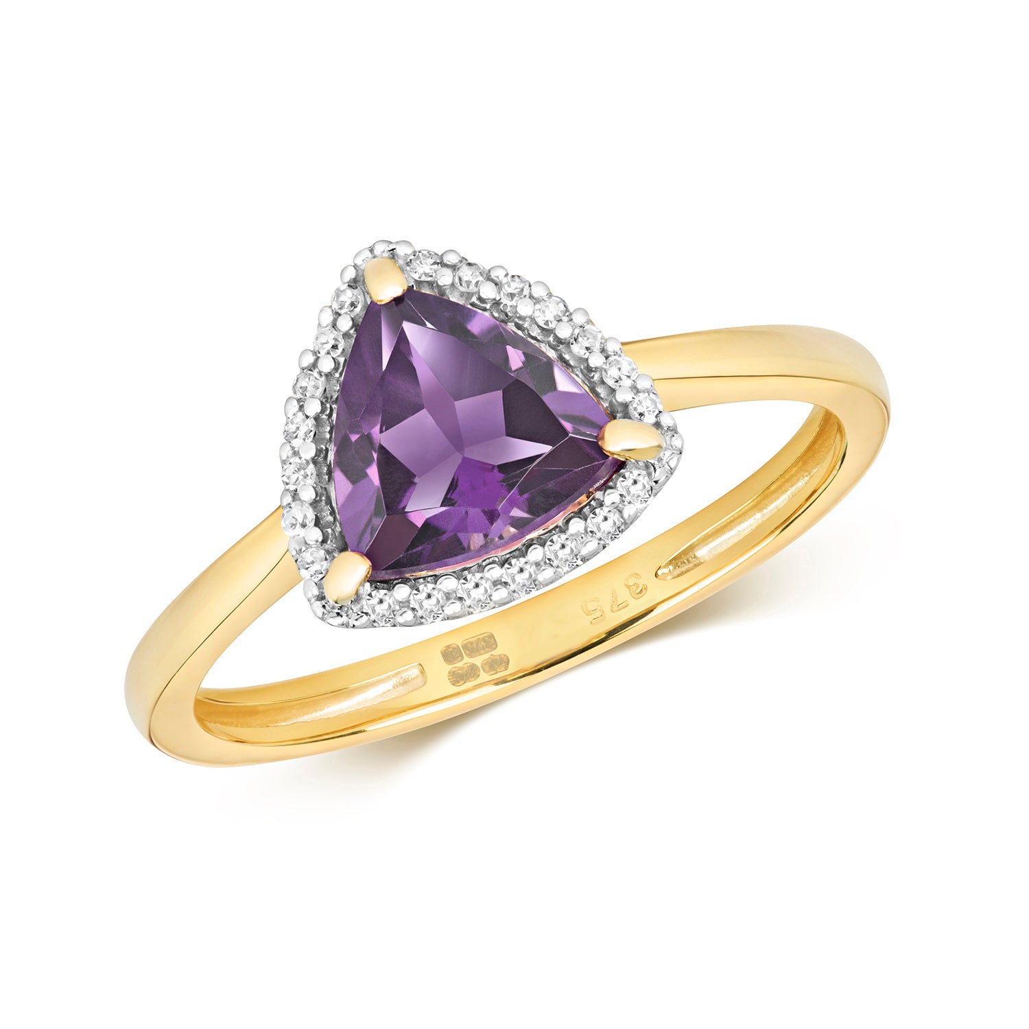 DIAMOND & AMETHYST ROUNDED TRIANGLE CLUSTER RING IN 9CT GOLD
