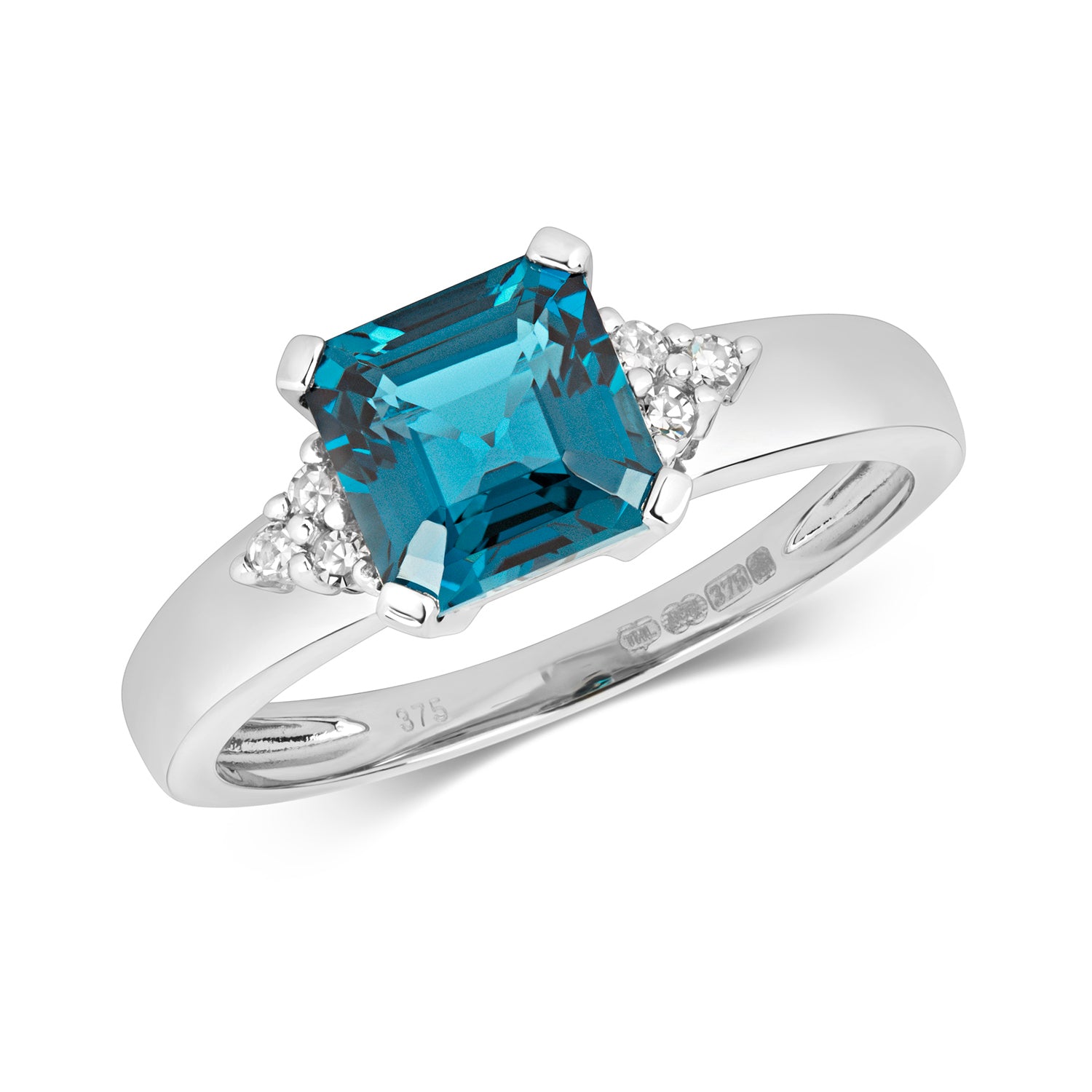 DIAMOND & LONDON BLUE TOPAZ ASSCHER CUT WITH TRAINGULAR SIDES RING IN 9CT WHITE GOLD
