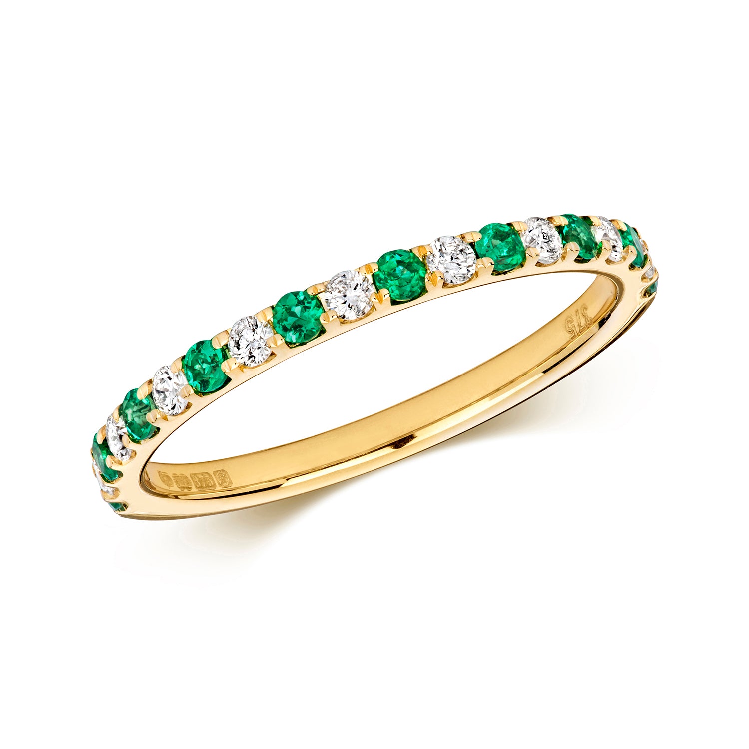 DIAMOND & EMERALD SCALLOP SET ETERNITY RING IN 9CT GOLD