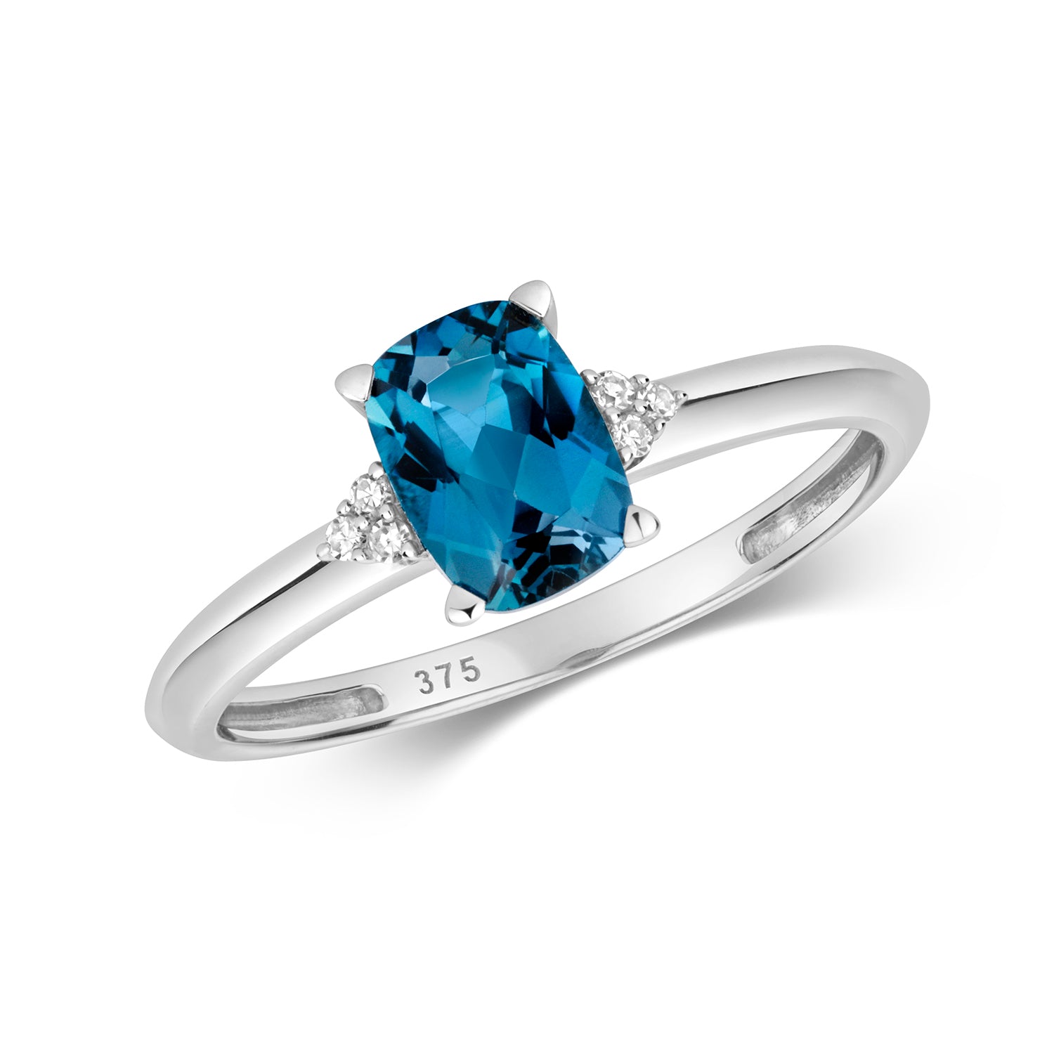 DIAMOND & LONDON BLUE TOPAZ CUSHION WITH TRIANGULAR SIDES RING IN 9CT WHITE GOLD