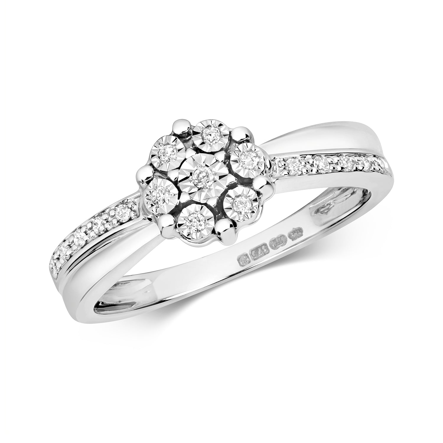 DIAMOND ILLUSION CLUSTER WITH SET SHOULDERS RING IN 9CT WHITE GOLD