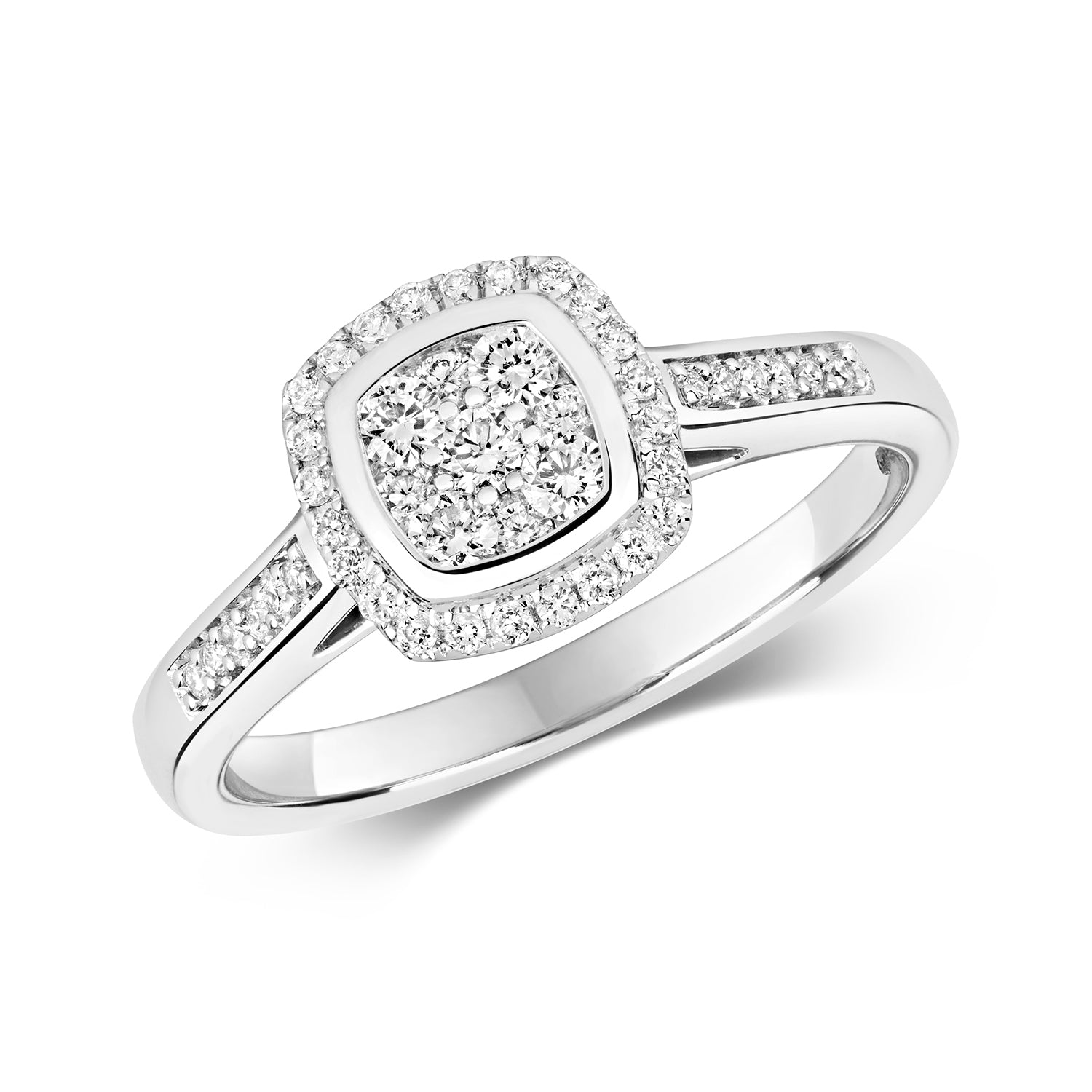 DIAMOND CUSHION CLUSTER WITH GRAIN SET SHOULDERS RING IN 9CT WHITE GOLD