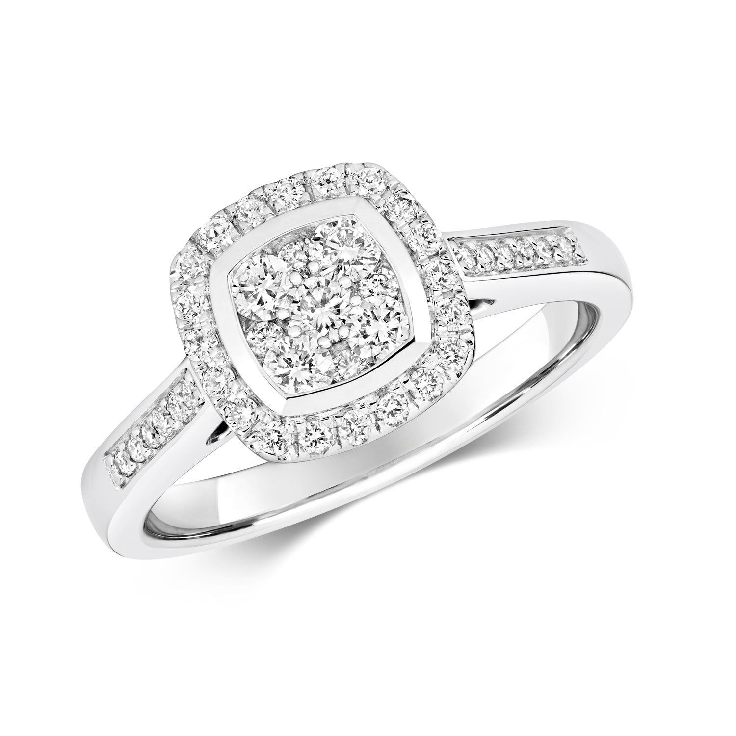 DIAMOND CUSHION CLUSTER WITH GRAIN SET SHOULDERS RING IN 9CT WHITE GOLD