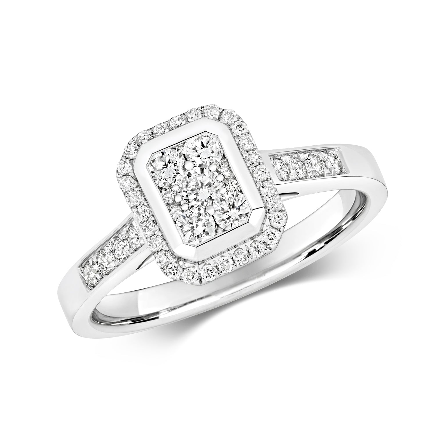 DIAMOND OCTAGON CLUSTER WITH GRAIN SET SHOULDERS RING IN 9CT WHITE GOLD