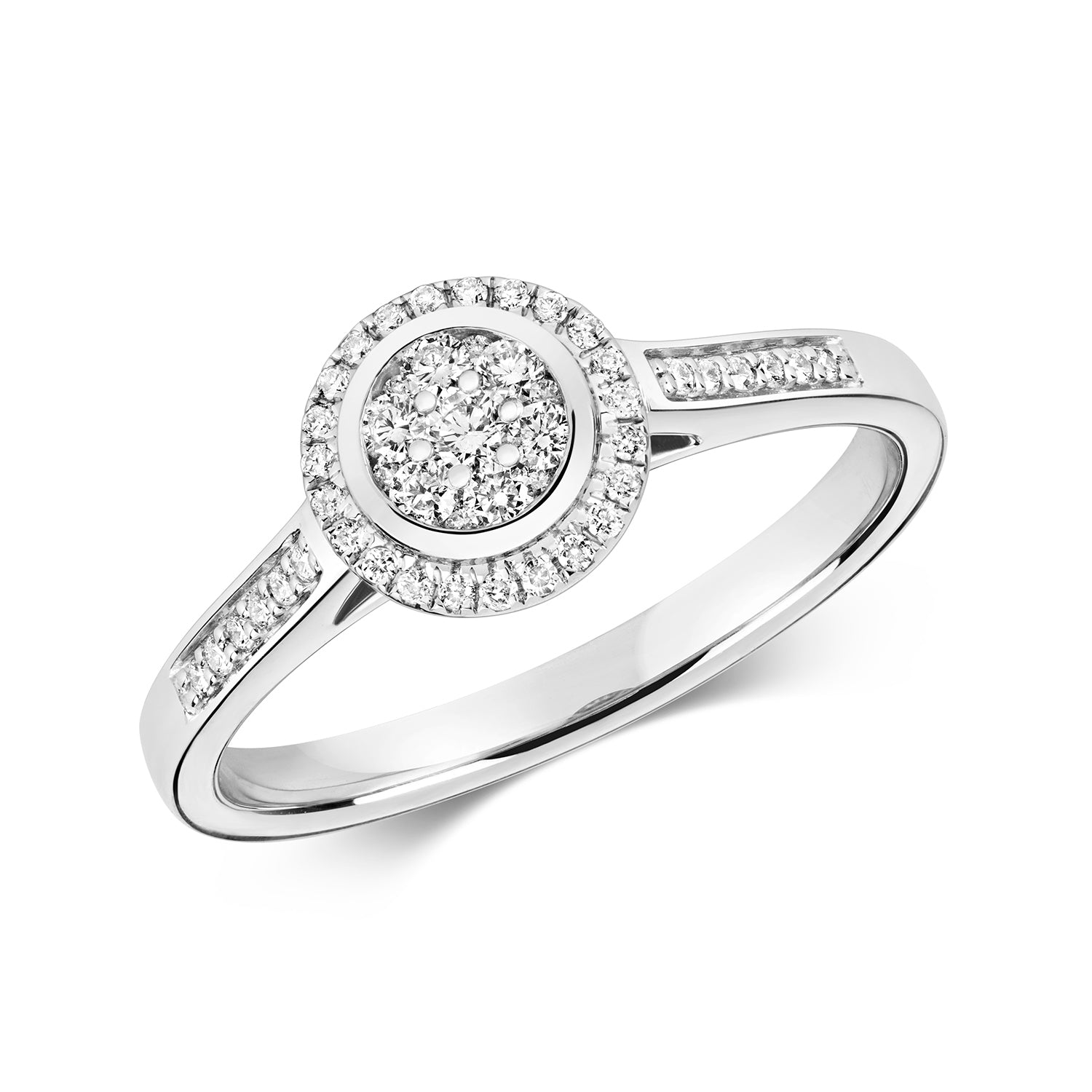 DIAMOND ROUND CLUSTER WITH GRAIN SET SHOULDERS RING IN 9CT WHITE GOLD