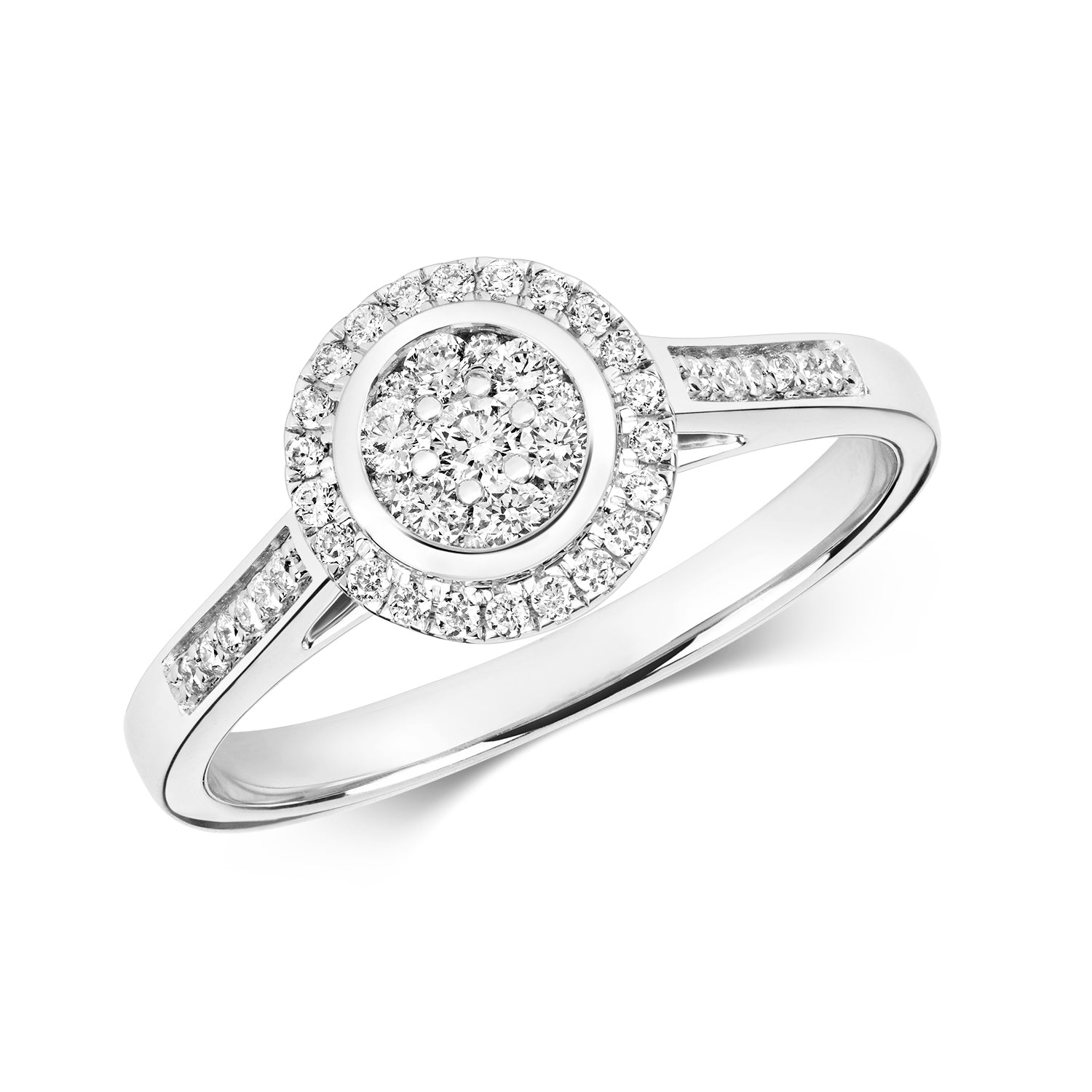 DIAMOND ROUND CLUSTER WITH GRAIN SET SHOULDERS RING IN 9CT WHITE GOLD