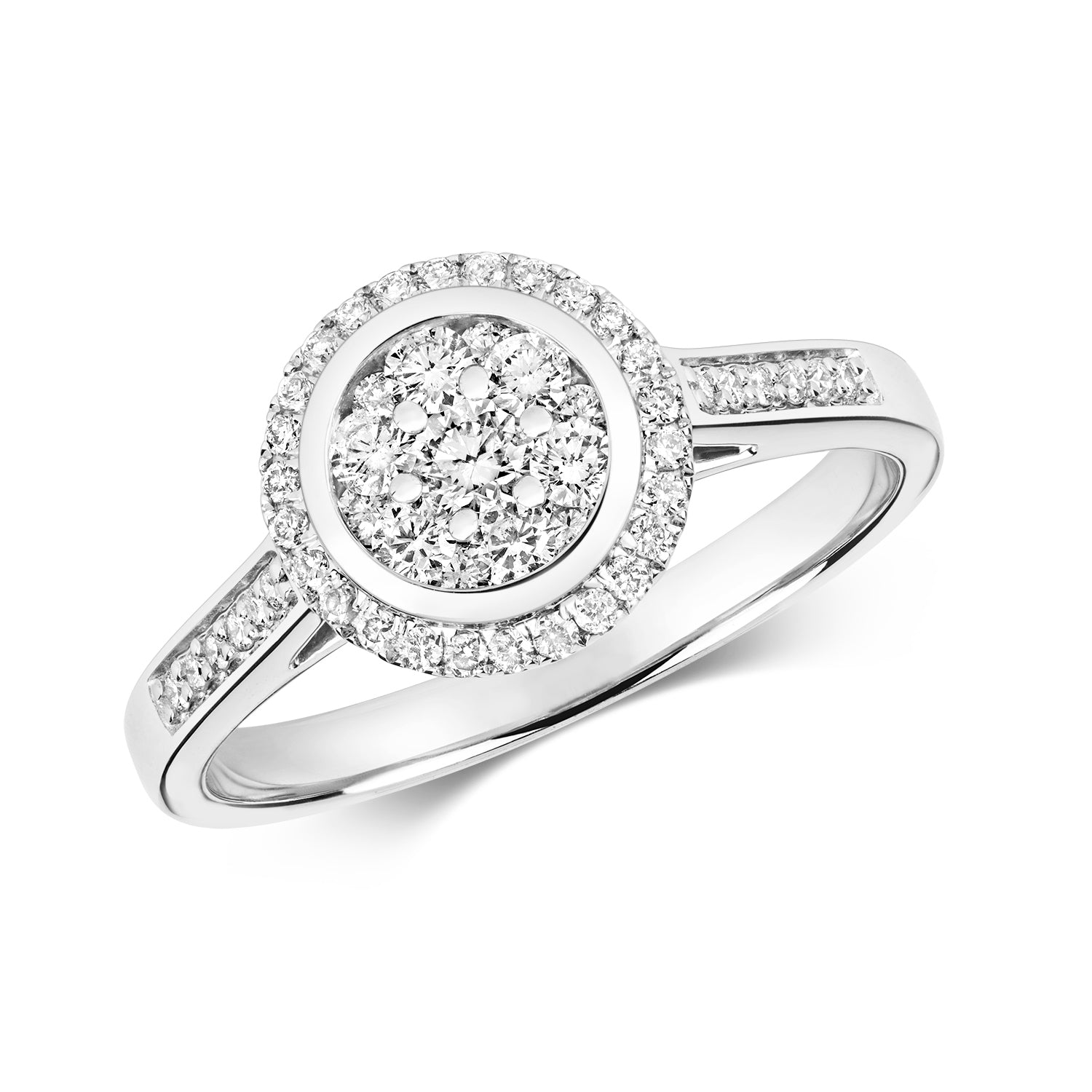 DIAMOND ROUND CLUSTER WITH GRAIN SET SHOULDERS RING IN 9CT WHITE GOLD