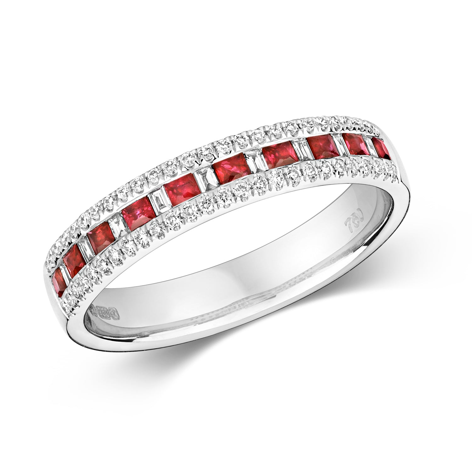 DIAMOND & RUBY PRINCESS CUT AND BAGUETTE CHANNEL SET ETERNITY RING IN 18CT WHITE GOLD