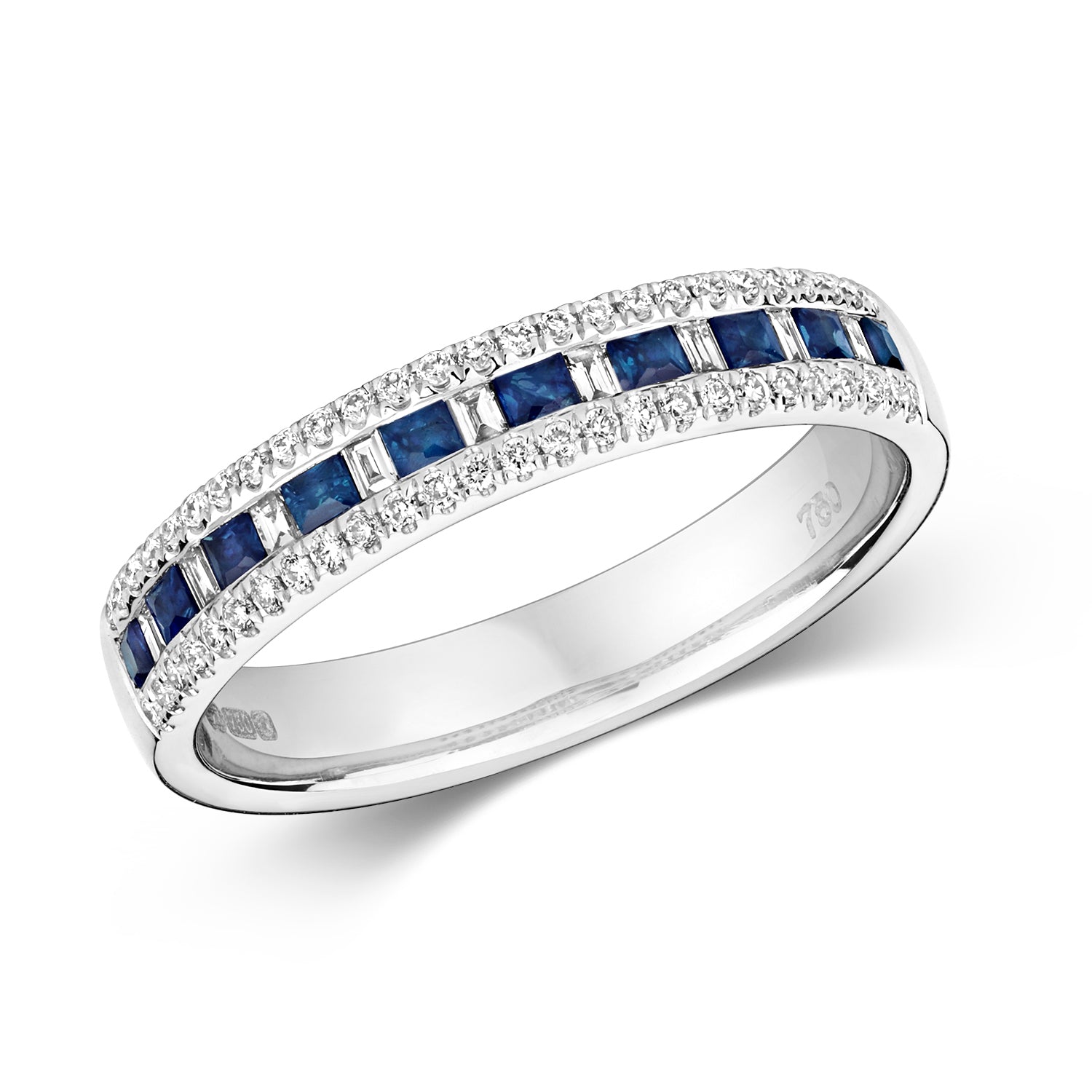 DIAMOND & SAPPHIRE PRINCESS CUT AND BAGUETTE CHANNEL SET ETERNITY RING IN 18CT WHITE GOLD