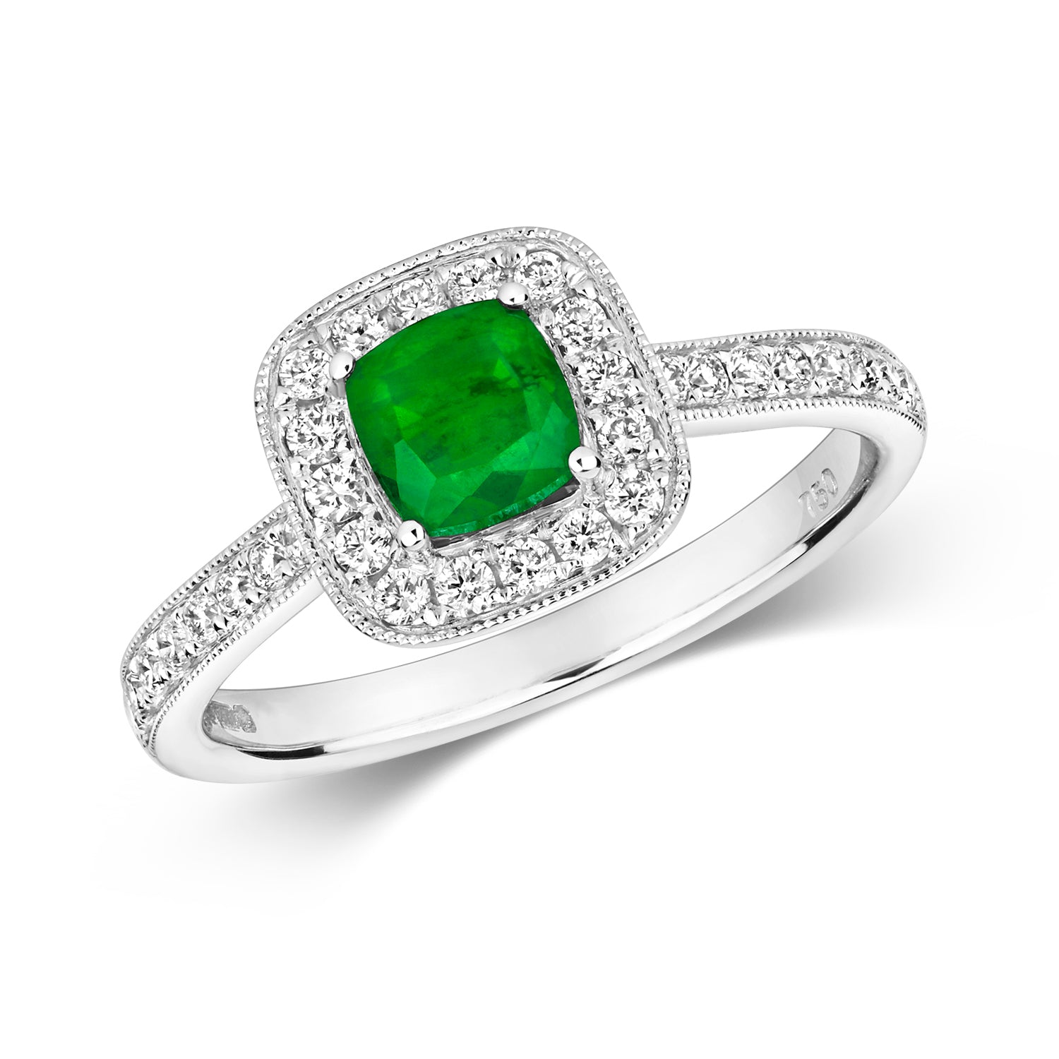 DIAMOND & EMERALD CUSHION CLUSTER WITH SET SHOULDERS RING IN 18CT WHITE GOLD