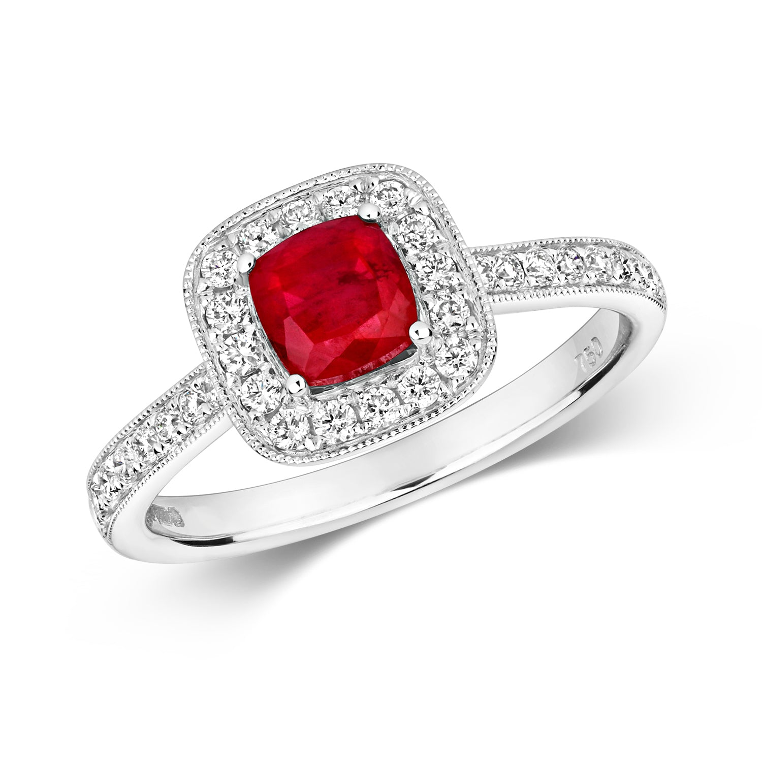 DIAMOND & RUBY CUSHION CLUSTER WITH SET SHOULDERS RING IN 18CT WHITE GOLD