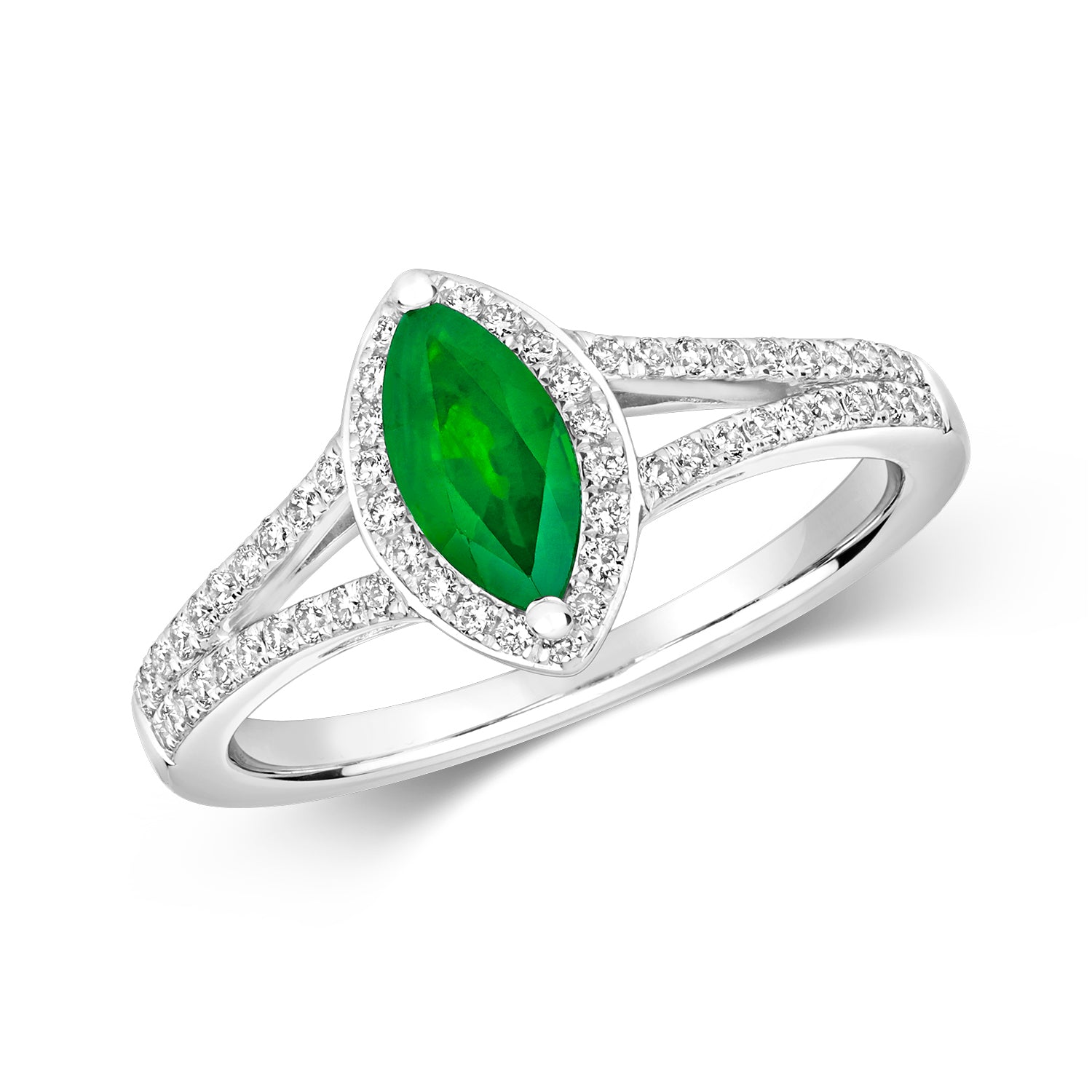 DIAMOND & EMERALD MARQUISE CLUSTER WITH SET SPLIT SHOULDERS RING IN 18CT WHITE GOLD