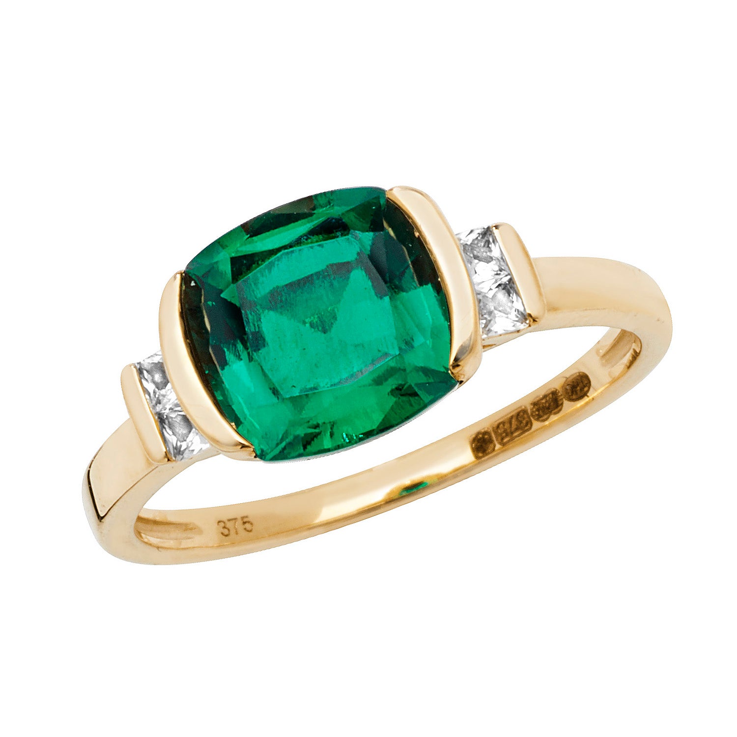 9CT GOLD CUSHION CREATED EMERALD AND WHITE SAPPHIRE RING