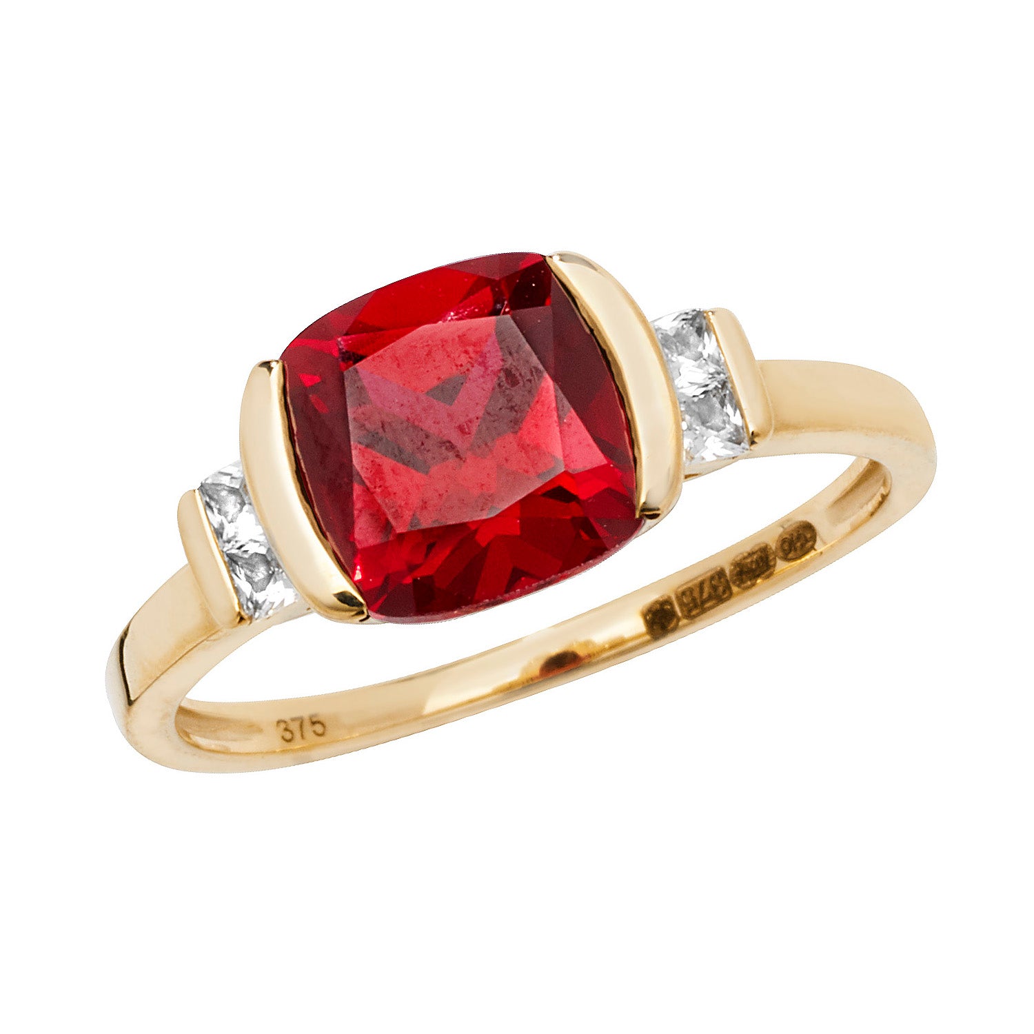 9CT GOLD CUSHION CREATED RUBY AND WHITE SAPPHIRE RING