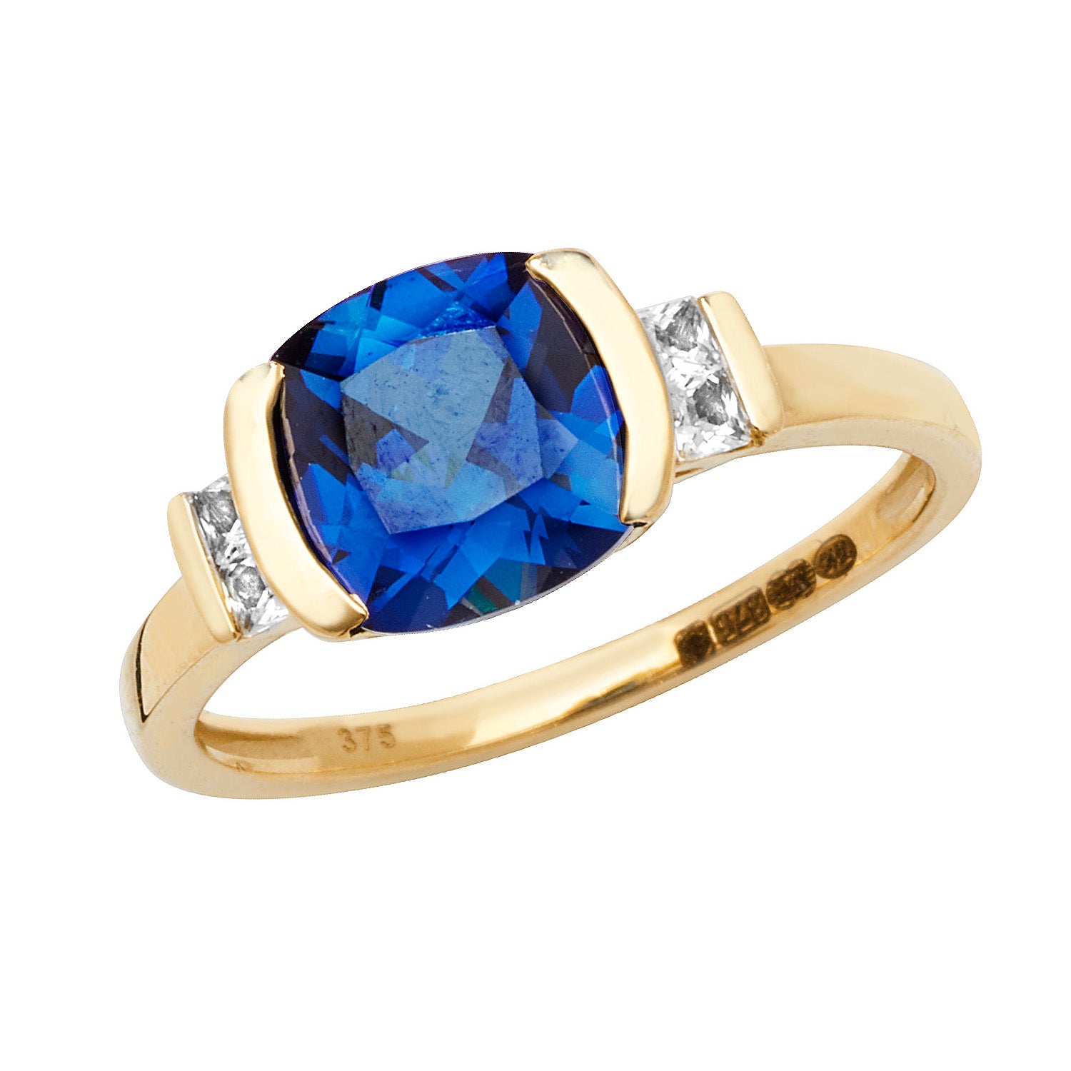 9CT GOLD CUSHION CREATED SAPPHIRE AND WHITE SAPPHIRE RING