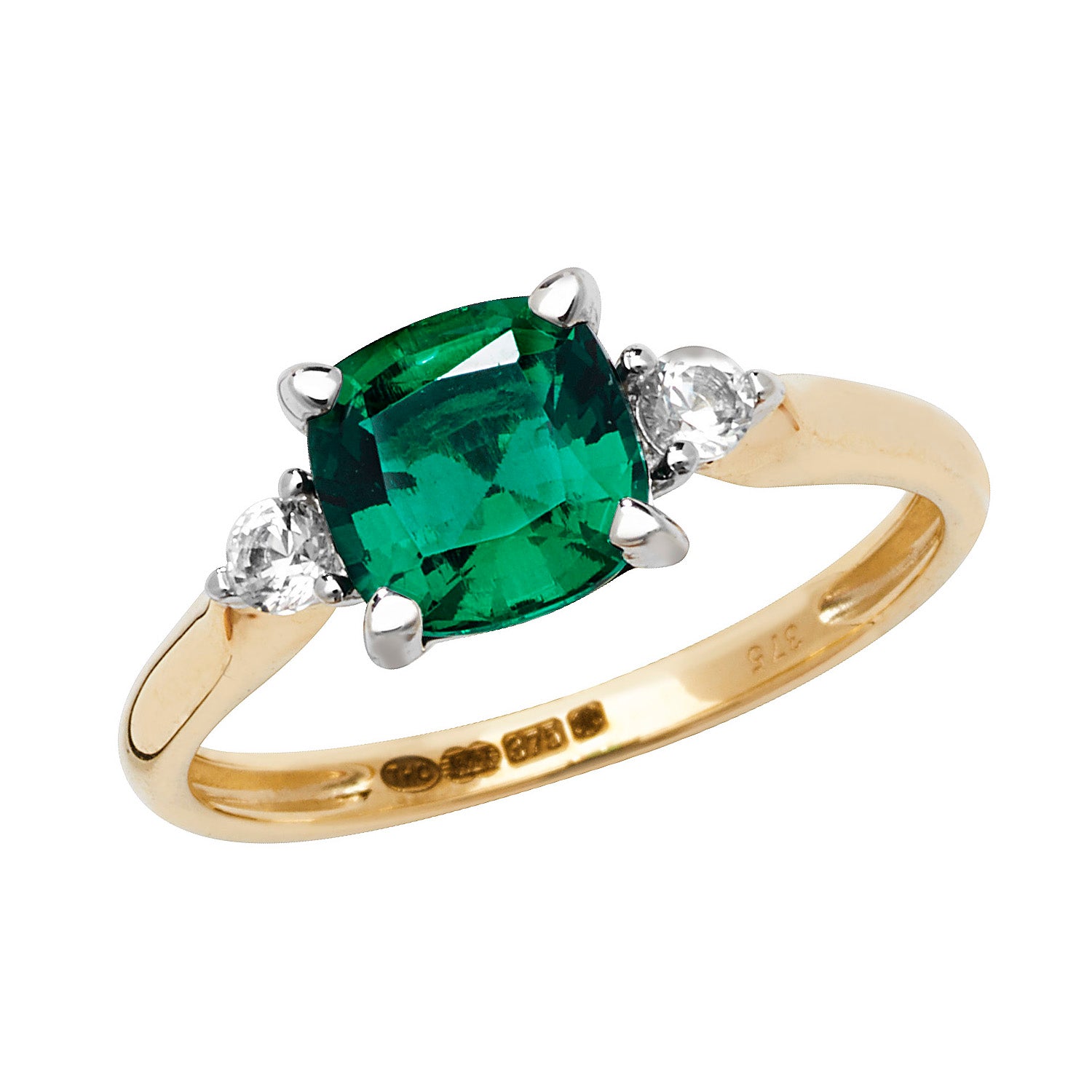 9CT GOLD CUSHION CREATED EMERALD AND WHITE SAPPHIRE RING