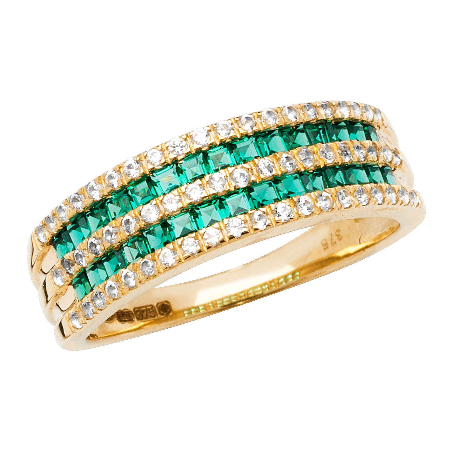 9CT GOLD SQUARE CREATED EMERALD AND WHITE SAPPHIRE RING