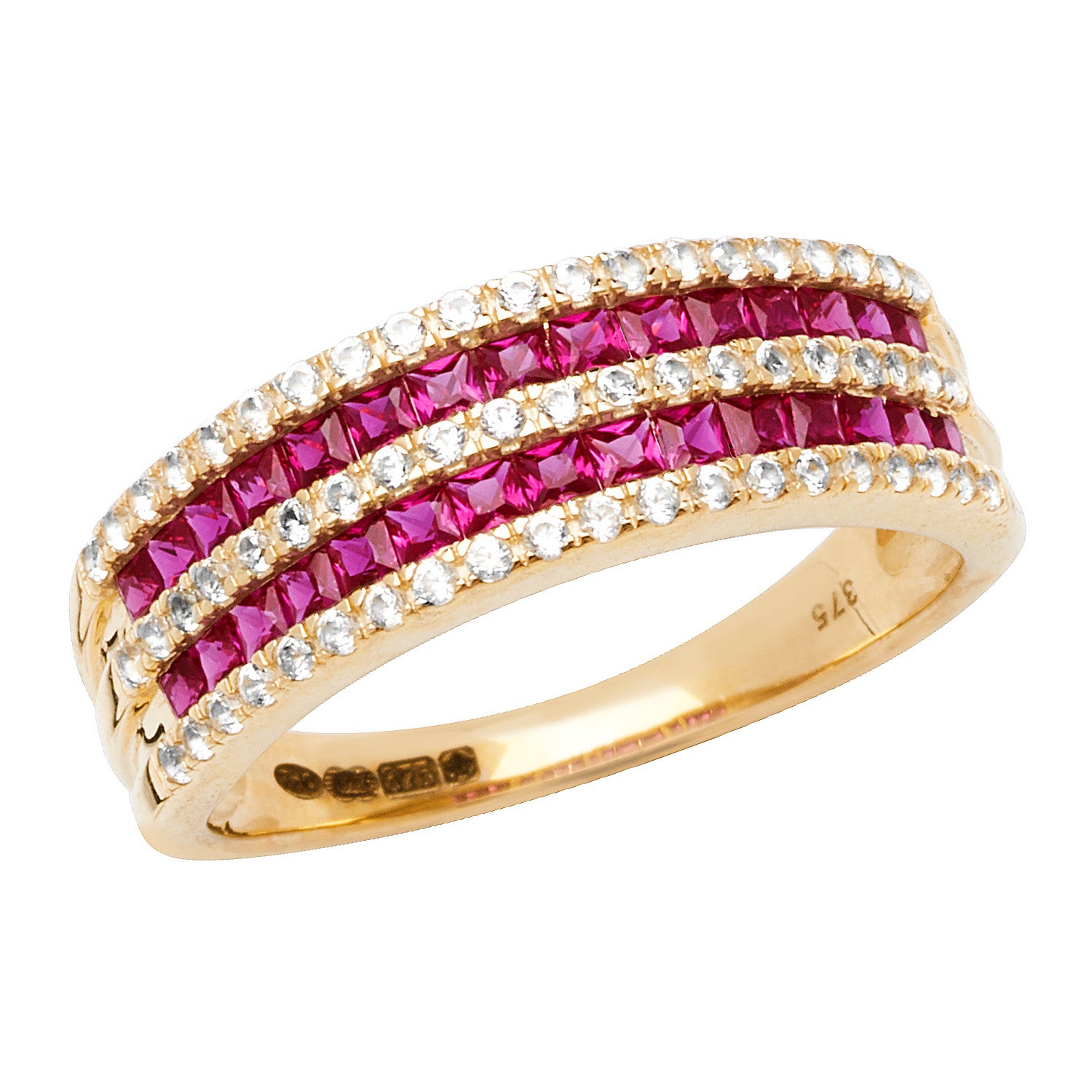 9CT GOLD SQUARE CREATED RUBY AND WHITE SAPPHIRE RING