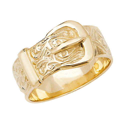 9CT GOLD GENTS' ENGRAVED BUCKLE RING