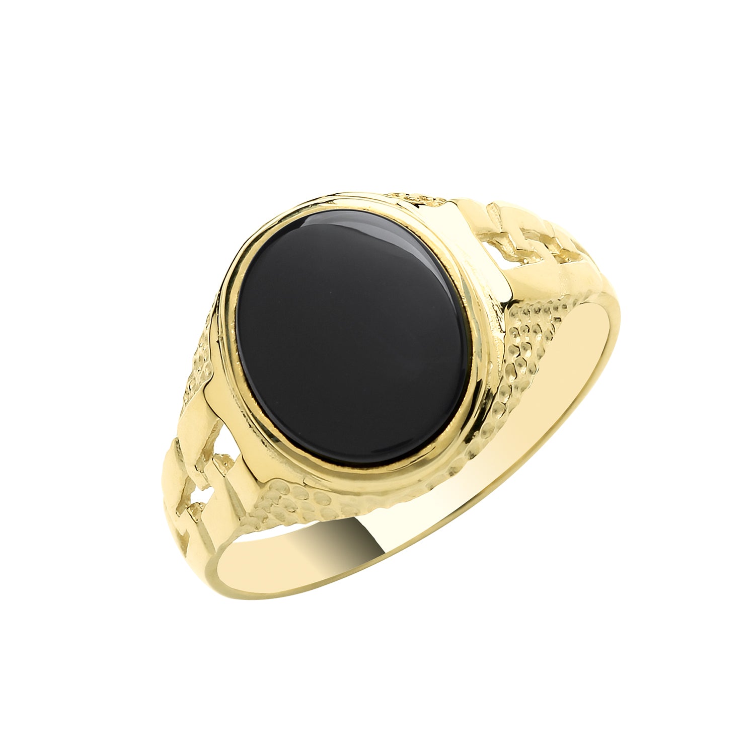 9CT GOLD GENTS' OVAL BLACK ONYX CURB DESIGN SIGNET RING